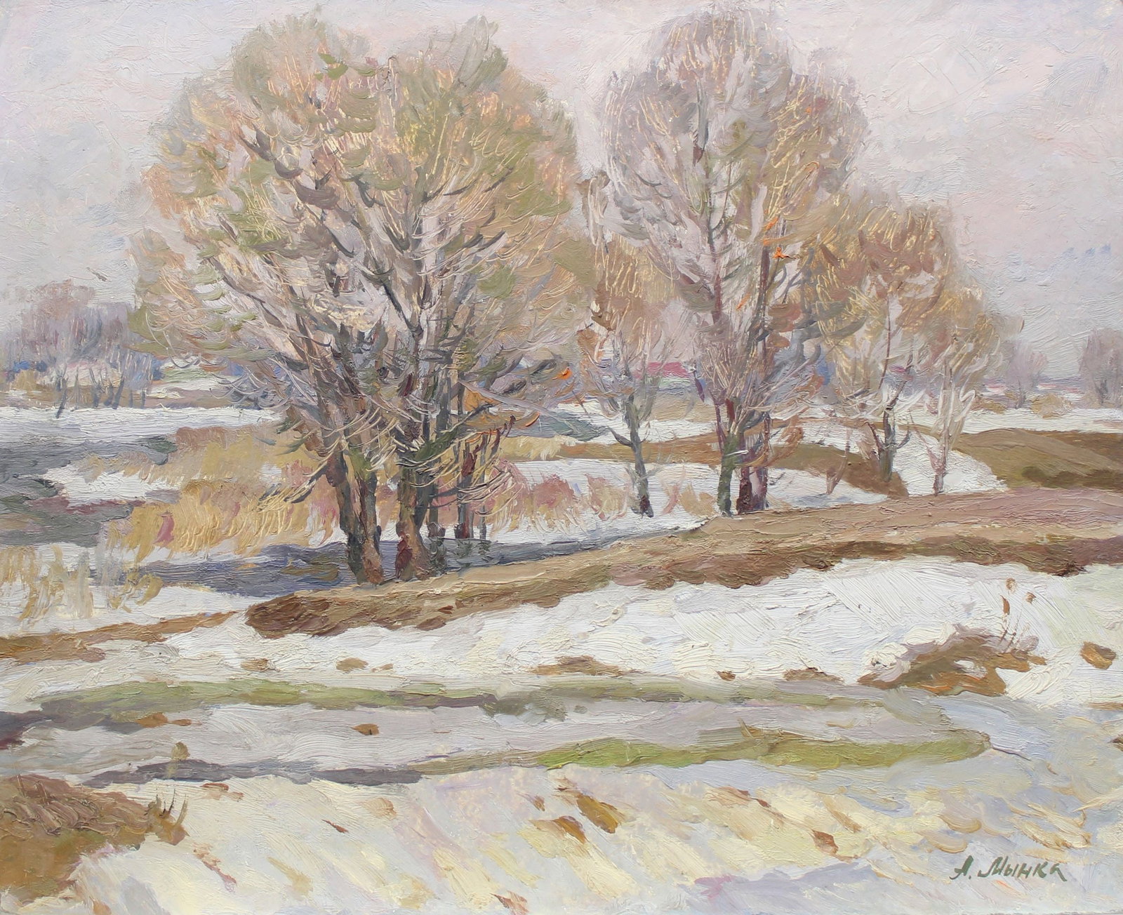 Mynka Olexandr (Ukrainian artist), "March", oil on cardboard: ARTIST: Mynka Olexandr Fedorovich, Ukrainian artist TITLE: "March" SIZE: 40 x 50 cm, (15 3/4 x 19 3/4 in.) MEDIUM: oil on cardboard YEAR OF CREATION: 1979 CONDITION: The painting is in good vintage co