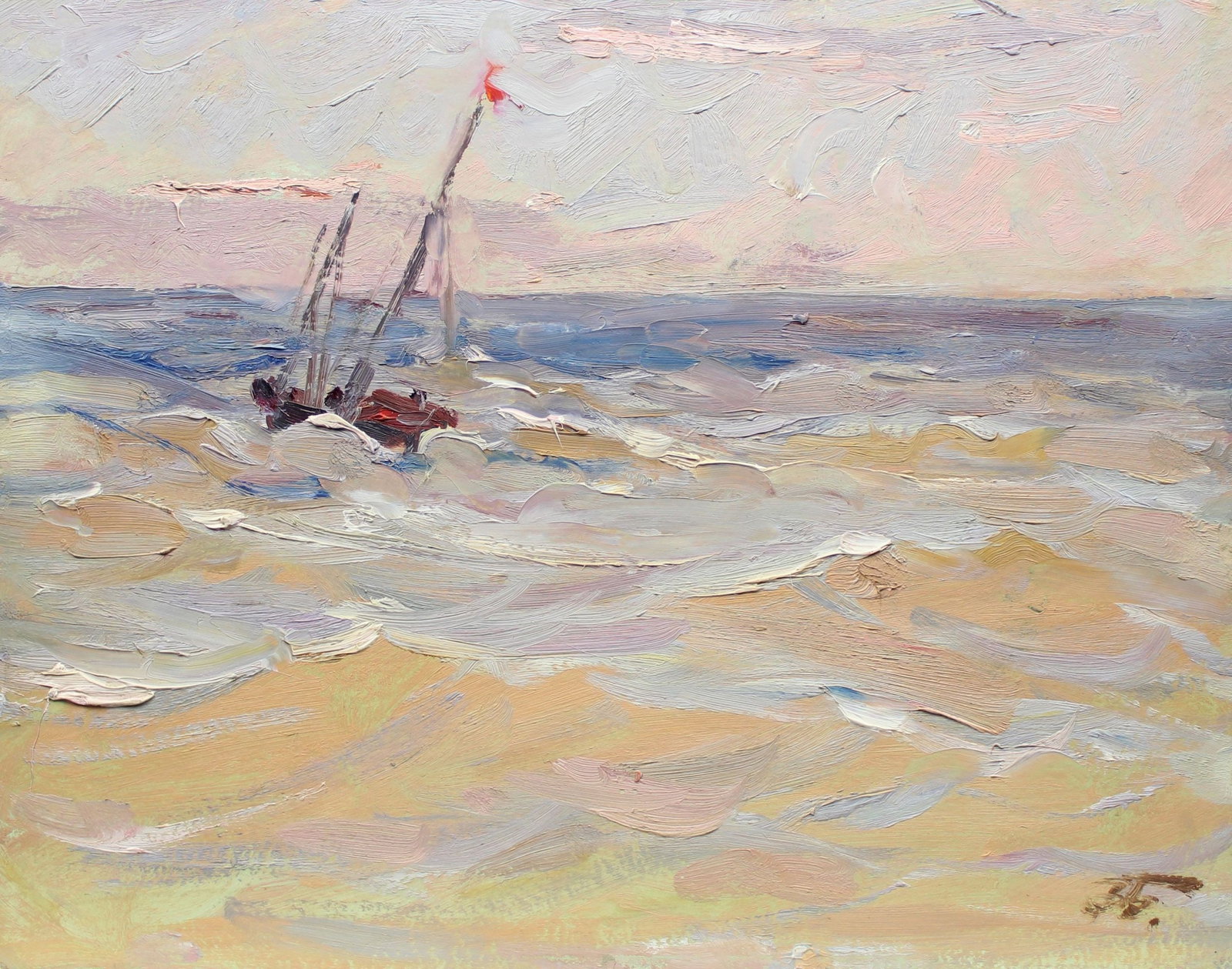 Babentsov V?ktor (Ukrainian artist), "Boat at sea", oil on cardboard: ARTIST: Babentsov V?ktor Volodymyrovych, Ukrainian artist TITLE: "Boat at sea" SIZE: 40 x 50 cm, (15 3/4 x 19 3/4 in.) MEDIUM: oil on cardboard YEAR OF CREATION: not dated CONDITION: The painting is i
