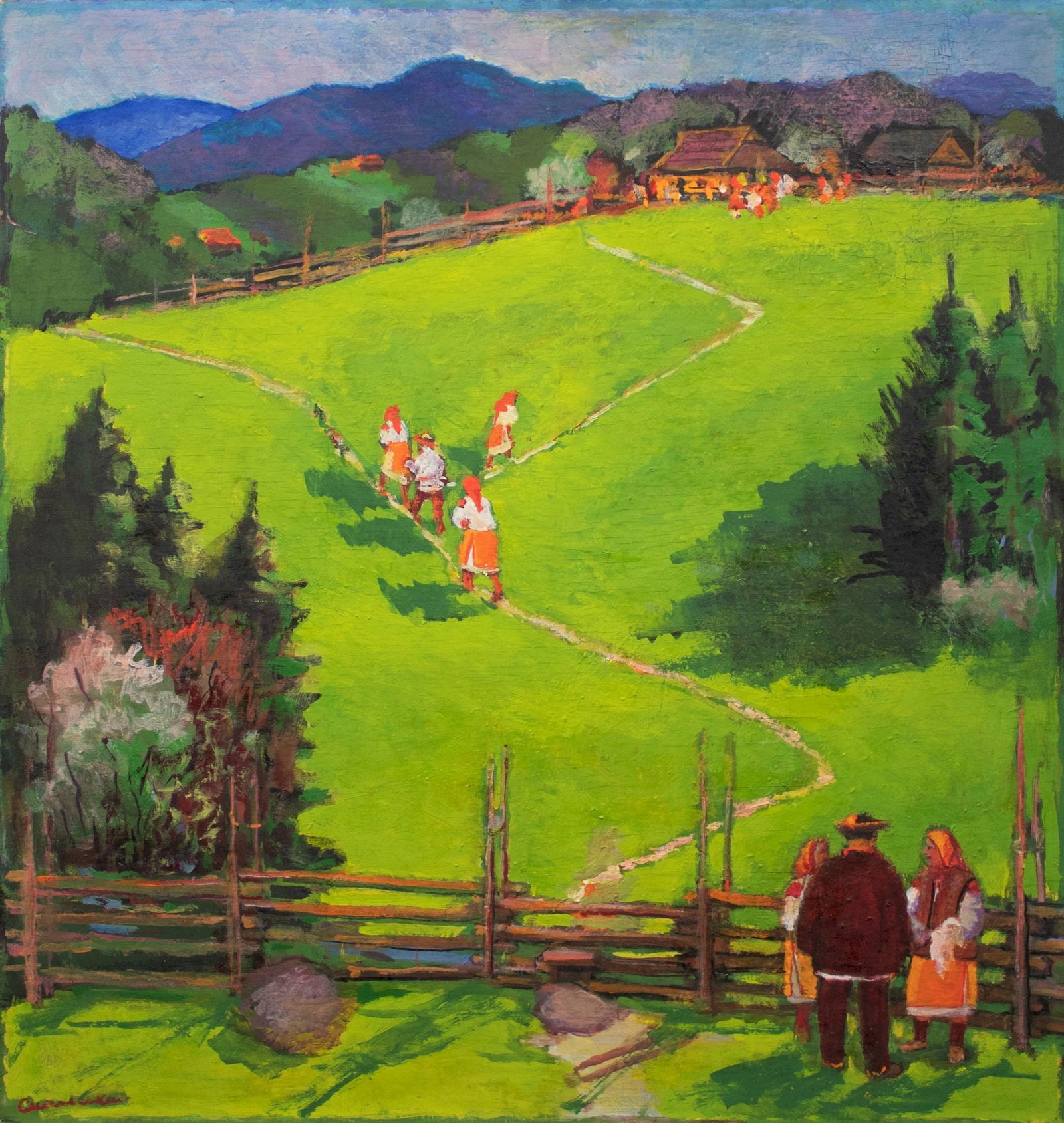 Smolsky Grigory (Ukrainian artist), "On the Klif", oil on cardboard: ARTIST: Smolsky Grigory Stepanovich, Ukrainian artist TITLE: "On the Klif" SIZE: 85 x 80 cm, (33 2/4 x 31 2/4 in.) MEDIUM: oil on cardboard YEAR OF CREATION: 1972 CONDITION: The painting is in good vi