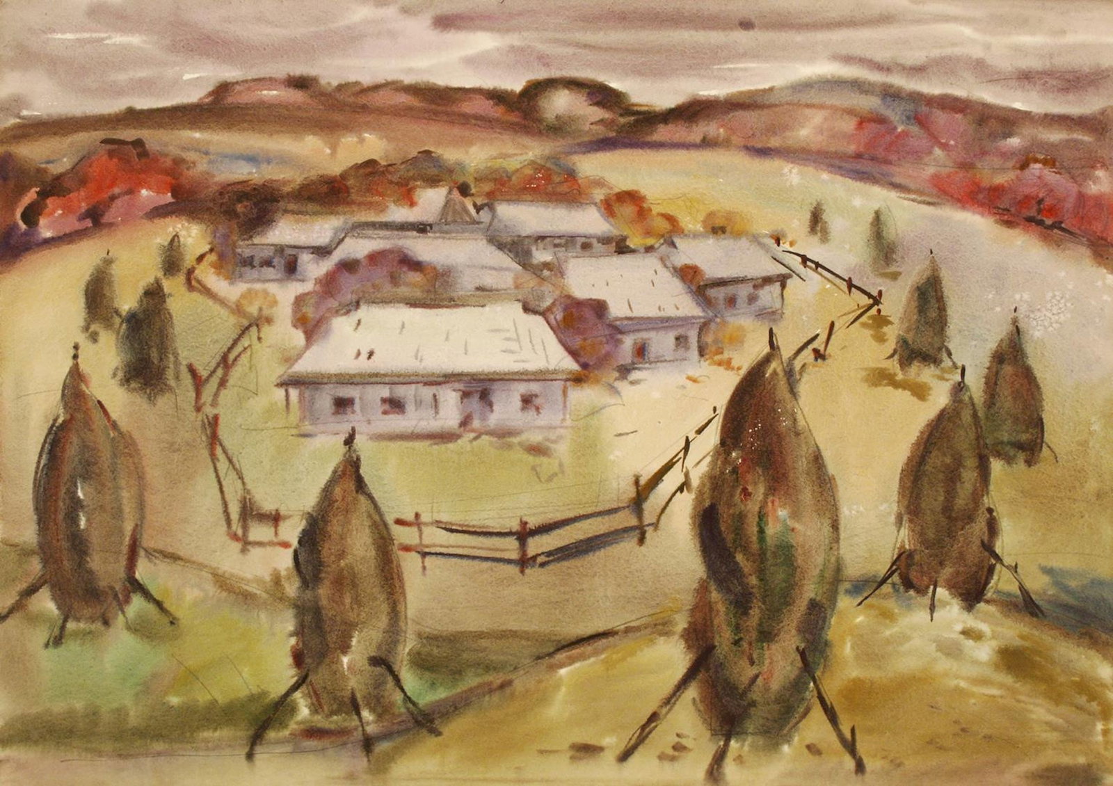 Mynka Olexandr (Ukrainian artist), "Village", watercolor on paper: ARTIST: Mynka Olexandr Fedorovich, Ukrainian artist TITLE: "Village" SIZE: 59 x 83 cm, (23 1/4 x 32 3/4 in.) MEDIUM: watercolor on paper YEAR OF CREATION: not dated CONDITION: The painting is in good 