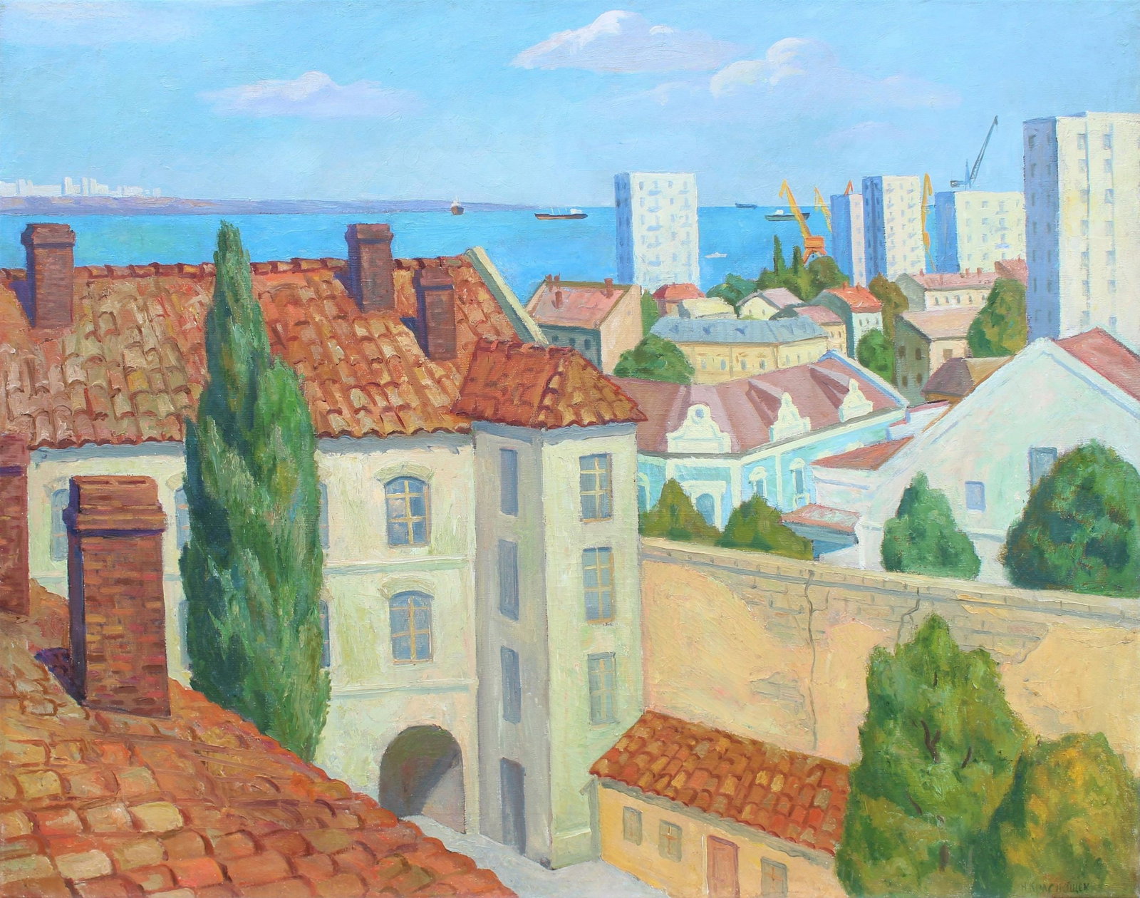 Krasnoshchek Mykola (Ukrainian artist), "Odessa. View from the Mother-in-law's bridge", oil on: ARTIST: Krasnoshchek Mykola Mykolayovich, Ukrainian artist TITLE: "Odessa. View from the Mother-in-law's bridge" SIZE: 110 x 140 cm, (43 1/4 x 55 in.) MEDIUM: oil on canvas YEAR OF CREATION: not dated