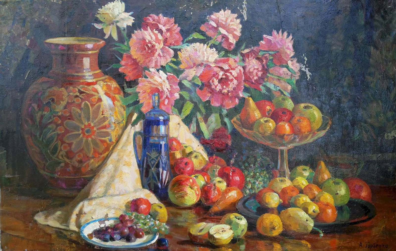 Gorbenko Olexiy (Ukrainian artist), "Flowers and fruit", oil on canvas: ARTIST: Gorbenko Olexiy Arkhipovych, Ukrainian artist TITLE: "Flowers and fruit" SIZE: 90 x 140 cm, (35 2/4 x 55 in.) MEDIUM: oil on canvas YEAR OF CREATION: 1980 CONDITION: The painting is in good vi