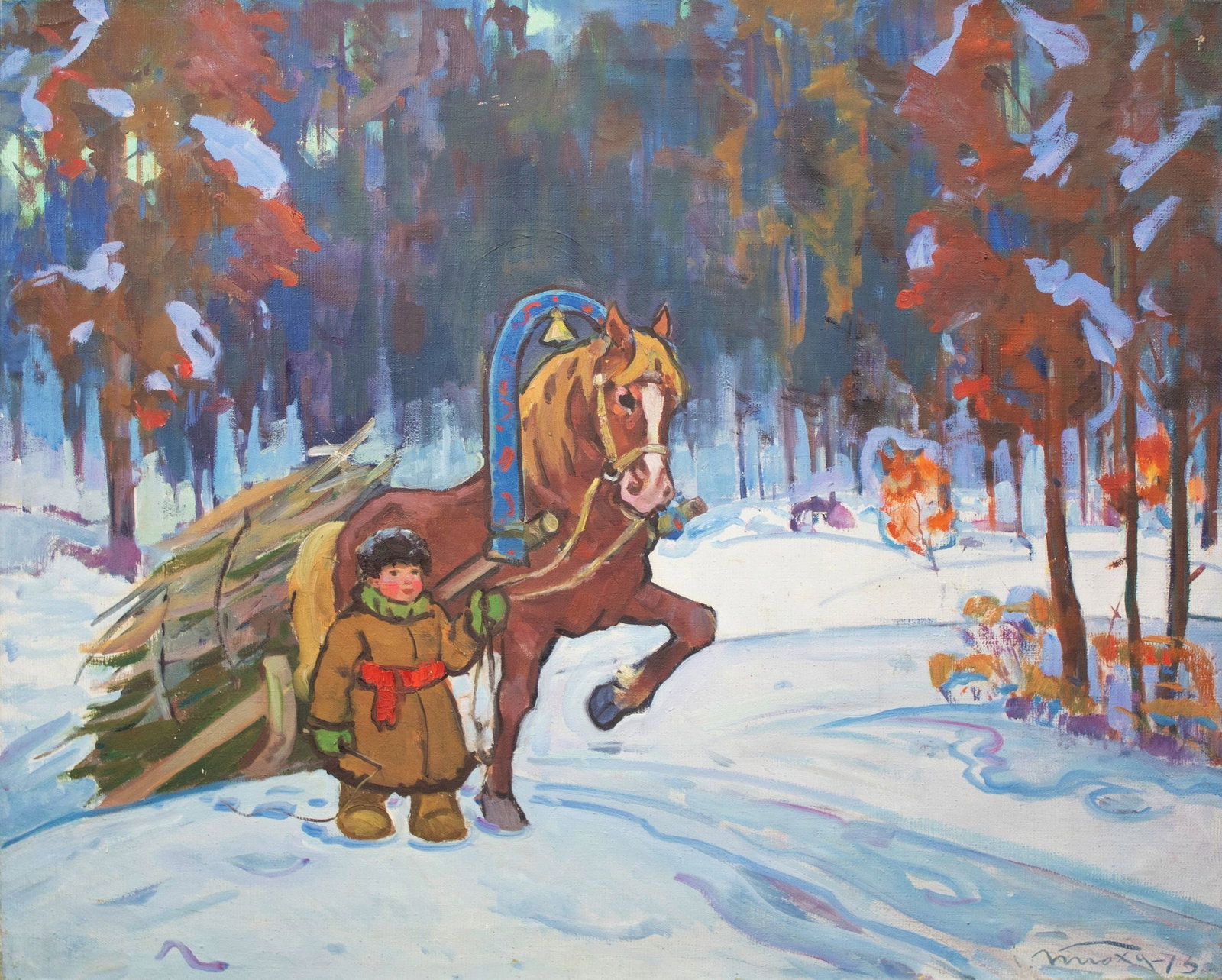 Tyukha Ivan (Ukrainian artist), "Firewood", oil on canvas: ARTIST: Tyukha Ivan Andriyovich, Ukrainian artist TITLE: "Firewood" SIZE: 80 x 99 cm, (31 2/4 x 39 in.) MEDIUM: oil on canvas YEAR OF CREATION: 1973 CONDITION: The painting is in good vintage conditio