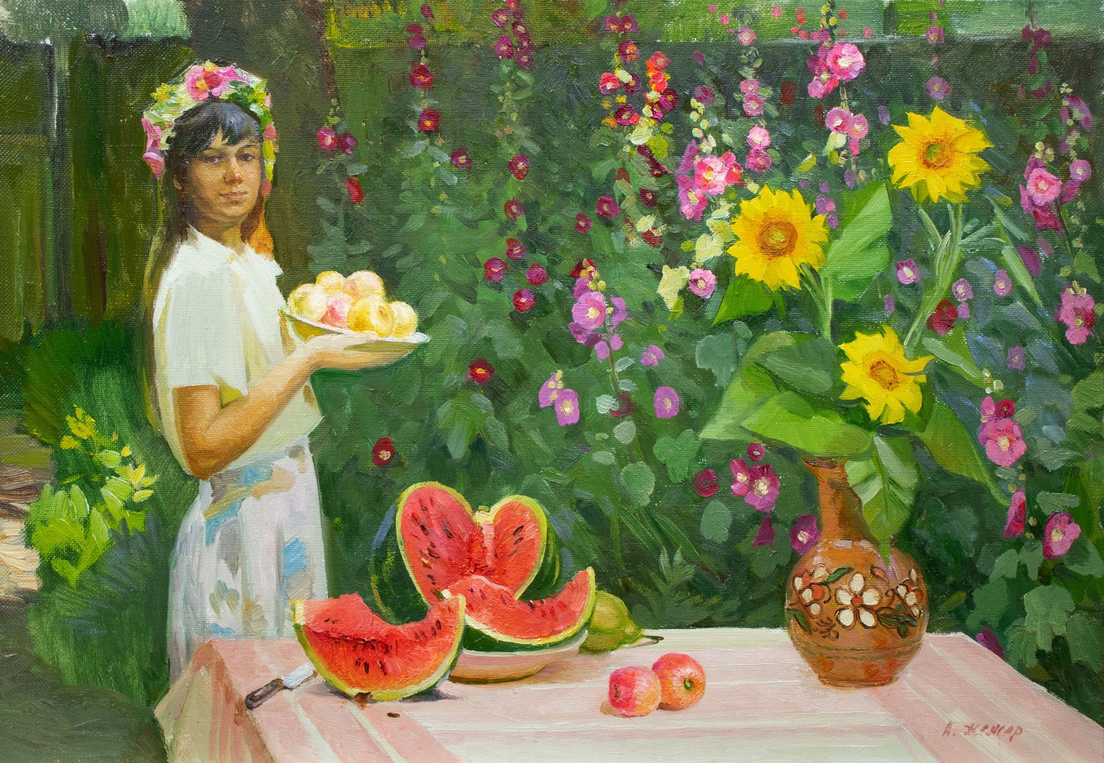 Zhezher Anatoly (Ukrainian artist), "Hostess", oil on canvas: ARTIST: Zhezher Anatoly Mykhaylovich, Ukrainian artist TITLE: "Hostess" SIZE: 50 x 72 cm, (19 3/4 x 28 1/4 in.) MEDIUM: oil on canvas YEAR OF CREATION: not dated CONDITION: The painting is in good vin