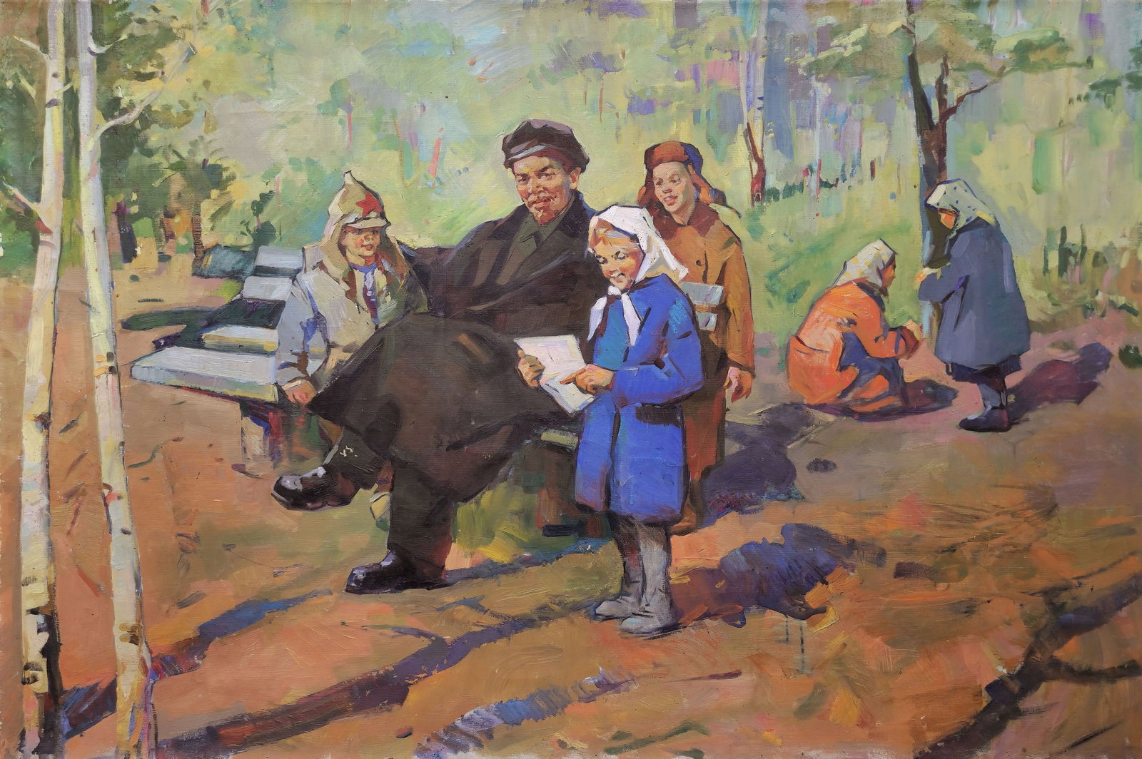 Unidentified (Ukrainian artist), "Lenin in Gorki with children", oil on canvas: ARTIST: Unidentified Artist TITLE: "Lenin in Gorki with children" SIZE: 100 x 150 cm, (39 1/4 x 59 in.) MEDIUM: oil on canvas YEAR OF CREATION: not dated CONDITION: The painting is in good vintage con
