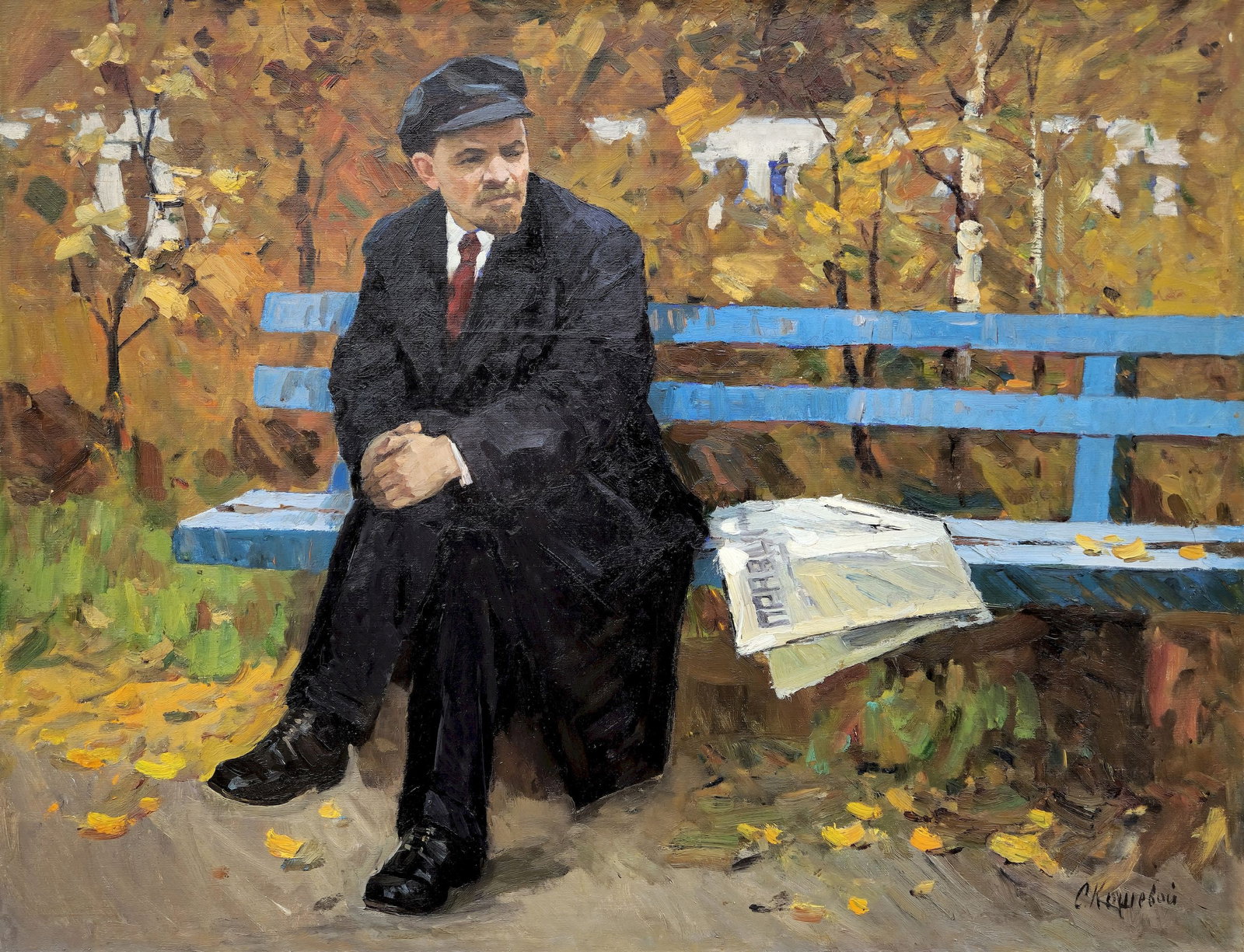 Koshevy Stepan (Ukrainian artist), "Lenin in the park", oil on canvas: ARTIST: Koshevy Stepan Lvovich, Ukrainian artist TITLE: "Lenin in the park" SIZE: 100 x 130 cm, (39 1/4 x 51 1/4 in.) MEDIUM: oil on canvas YEAR OF CREATION: not dated CONDITION: The painting is in