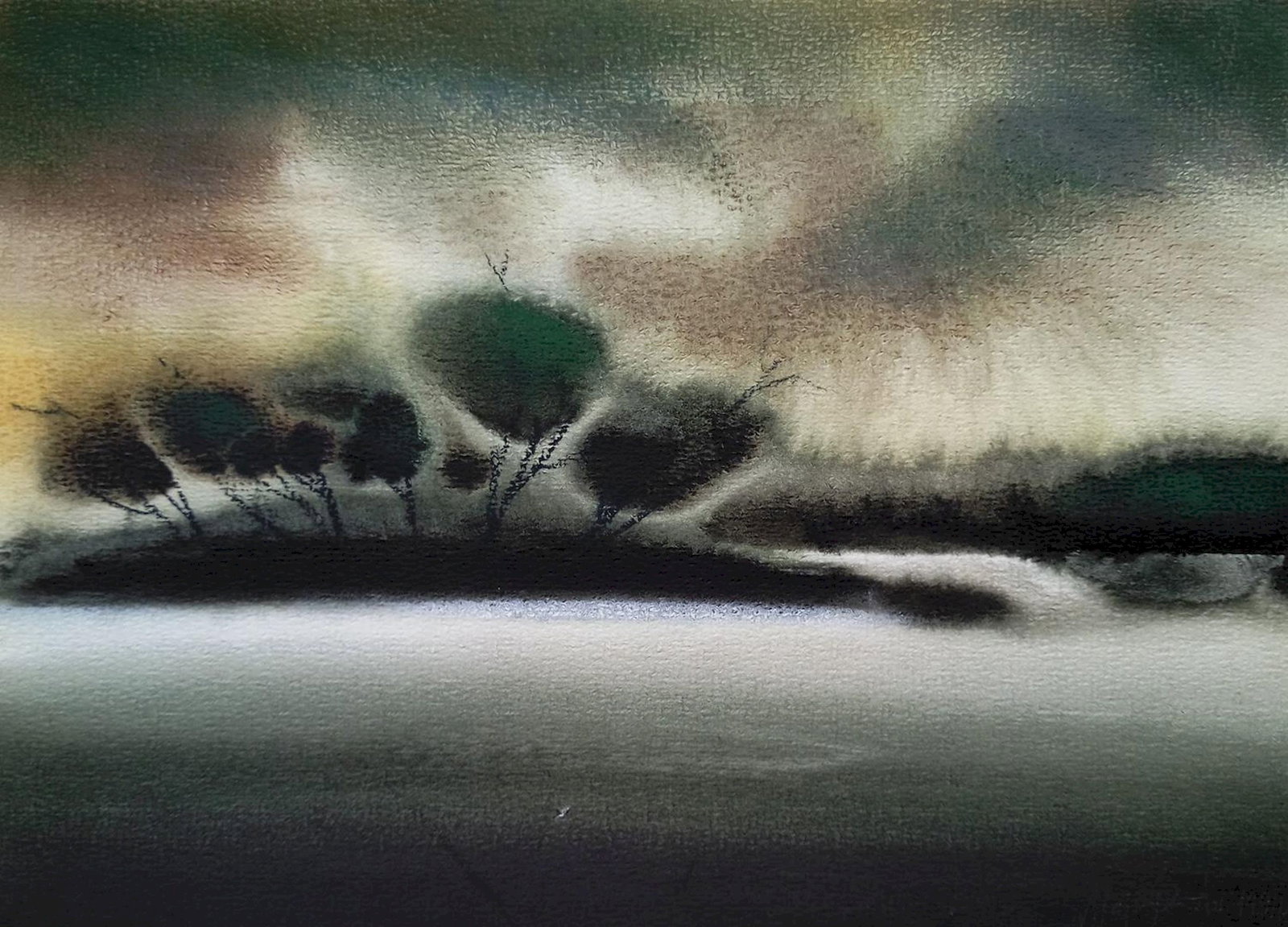 Marchuk Anatoly (Ukrainian artist), "Sunset", watercolor on paper: ARTIST: Marchuk Anatoly Petrovich, Ukrainian artist TITLE: "Sunset" SIZE: 22 x 30 cm, (8 3/4 x 11 3/4 in.) MEDIUM: watercolor on paper YEAR OF CREATION: 1991 CONDITION: The painting is in good