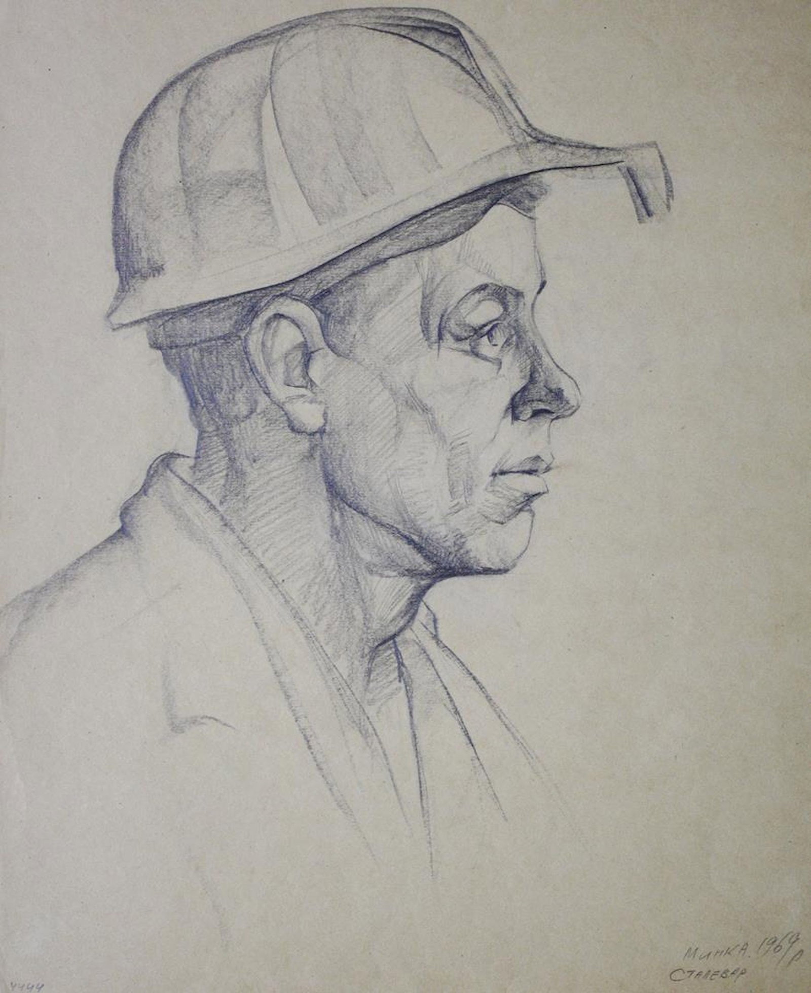 Mynka Olexandr (Ukrainian artist), "Portrait of a worker. Profile", pencil on paper (1 of 2)