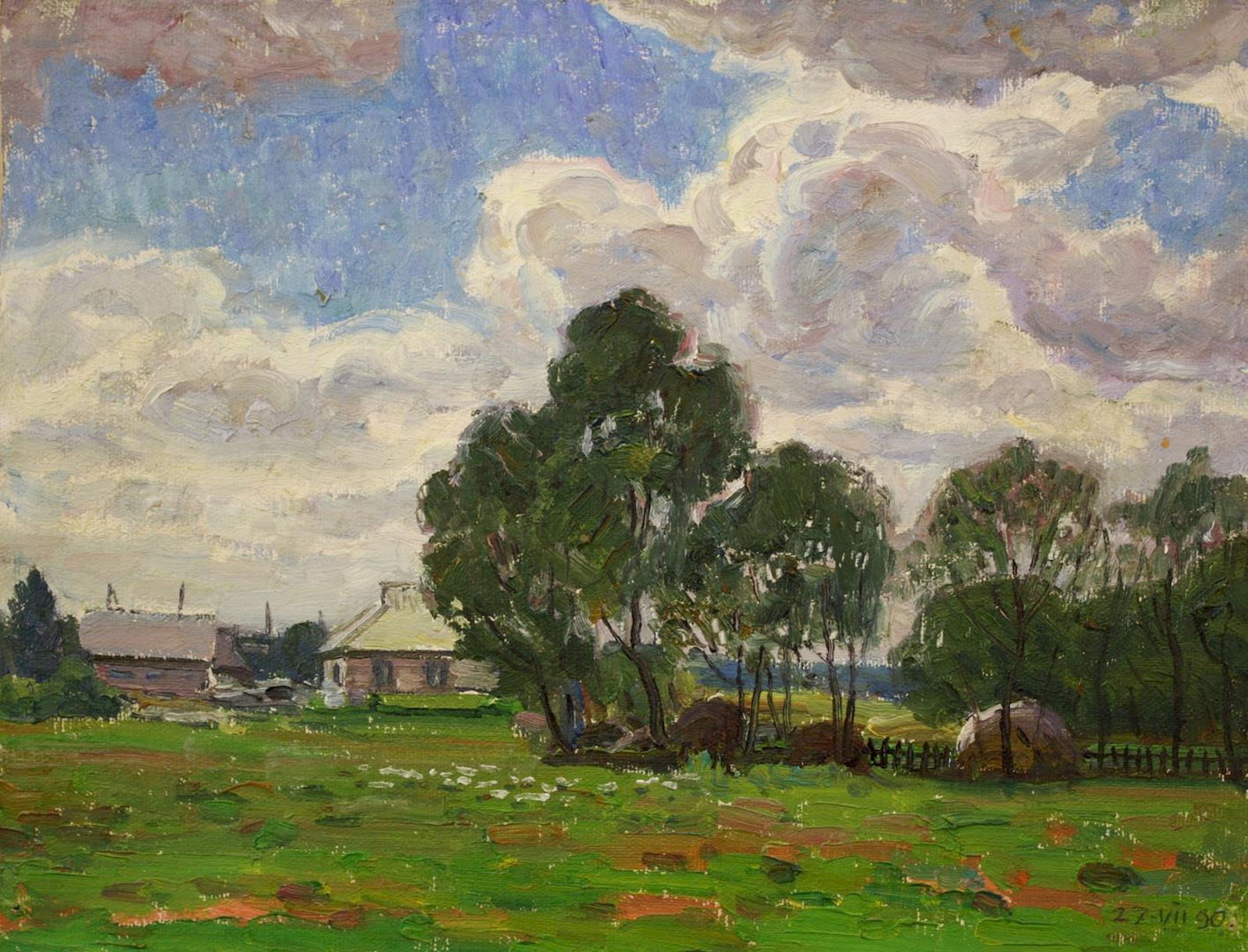 Mashnitsky Valeryi (Ukrainian artist), "Outside the village", oil on canvas on cardboard: ARTIST: Mashnitsky Valeryi Anatoliyovich, Ukrainian artist TITLE: "Outside the village" SIZE: 32 x 42 cm, (12 2/4 x 16 2/4 in.) MEDIUM: oil on canvas on cardboard YEAR OF CREATION: 1990 CONDITION: The