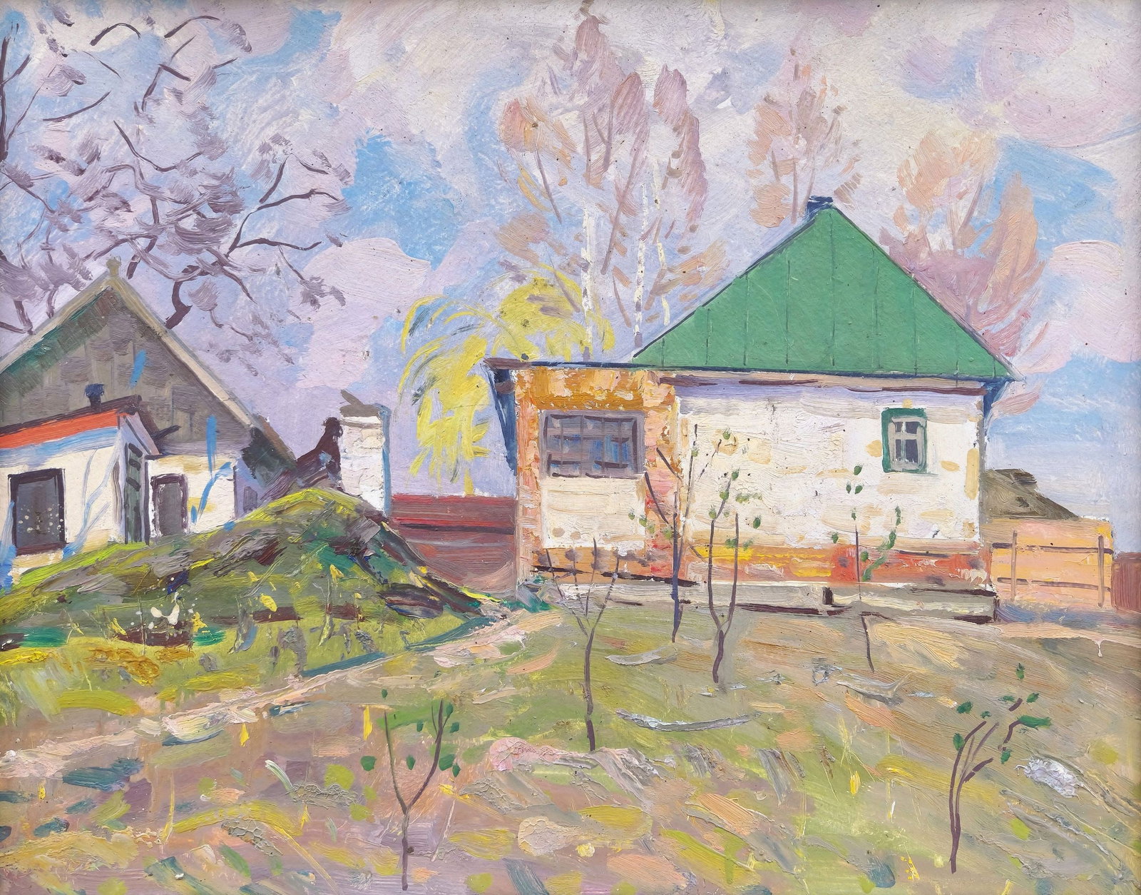 Tyukha Ivan (Ukrainian artist), "Young garden", oil on cardboard: ARTIST: Tyukha Ivan Andriyovich, Ukrainian artist TITLE: "Young garden" SIZE: 40 x 50 cm, (15 3/4 x 19 3/4 in.) MEDIUM: oil on cardboard YEAR OF CREATION: not dated CONDITION: The painting is in good 