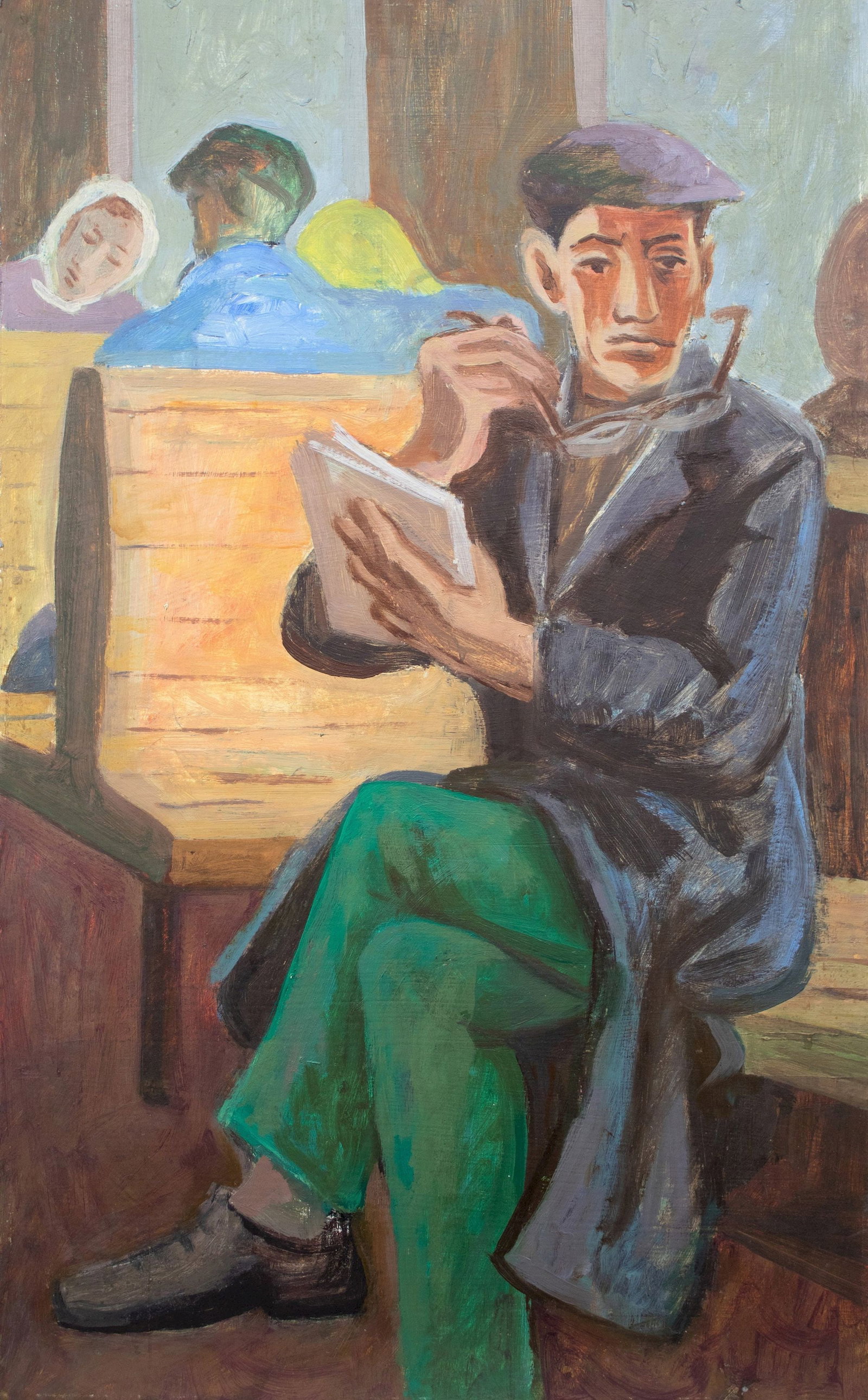 Lah Rostislav (Ukrainian artist), "Novel", oil on cardboard: ARTIST: Lah Rostislav Ivanovich, Ukrainian artist TITLE: "Novel" SIZE: 80 x 50 cm, (31 2/4 x 19 3/4 in.) MEDIUM: oil on cardboard YEAR OF CREATION: 1988 CONDITION: The painting is in good vintage cond