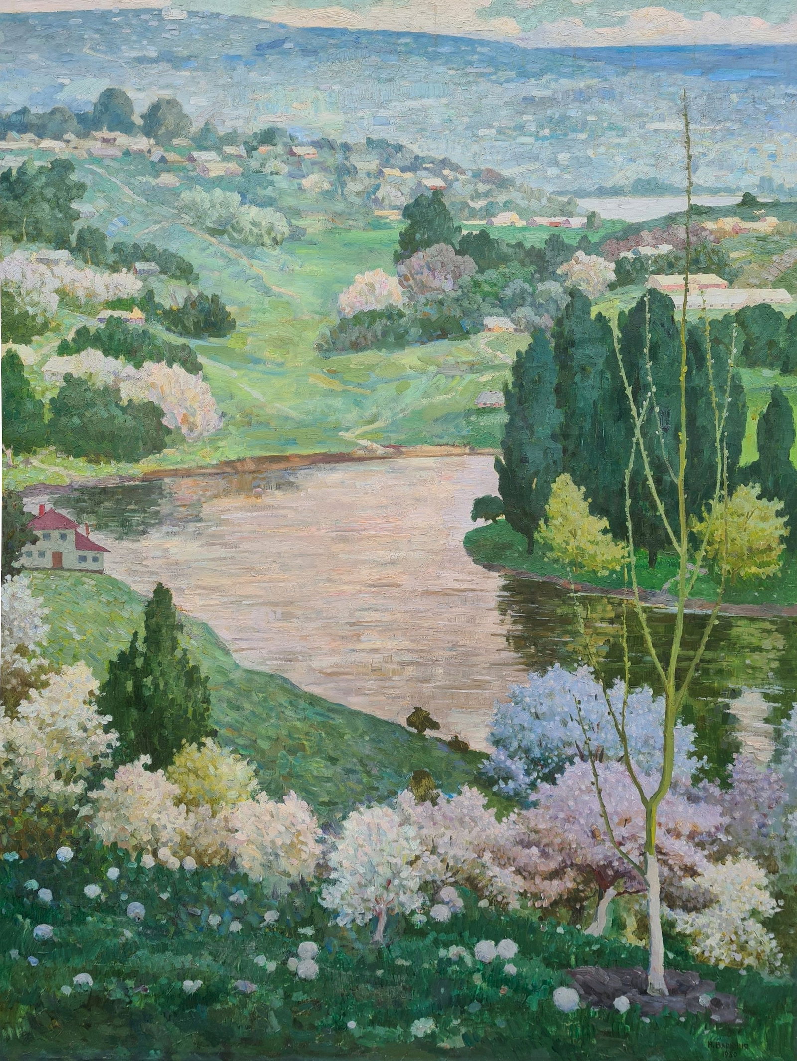 Varennya Mykola (Ukrainian artist), "Mountain river", oil on canvas: ARTIST: Varennya Mykola Romanovich, Ukrainian artist TITLE: "Mountain river" SIZE: 160 x 120 cm, (63 x 47 1/4 in.) MEDIUM: oil on canvas YEAR OF CREATION: 1980 CONDITION: The painting is in good vinta