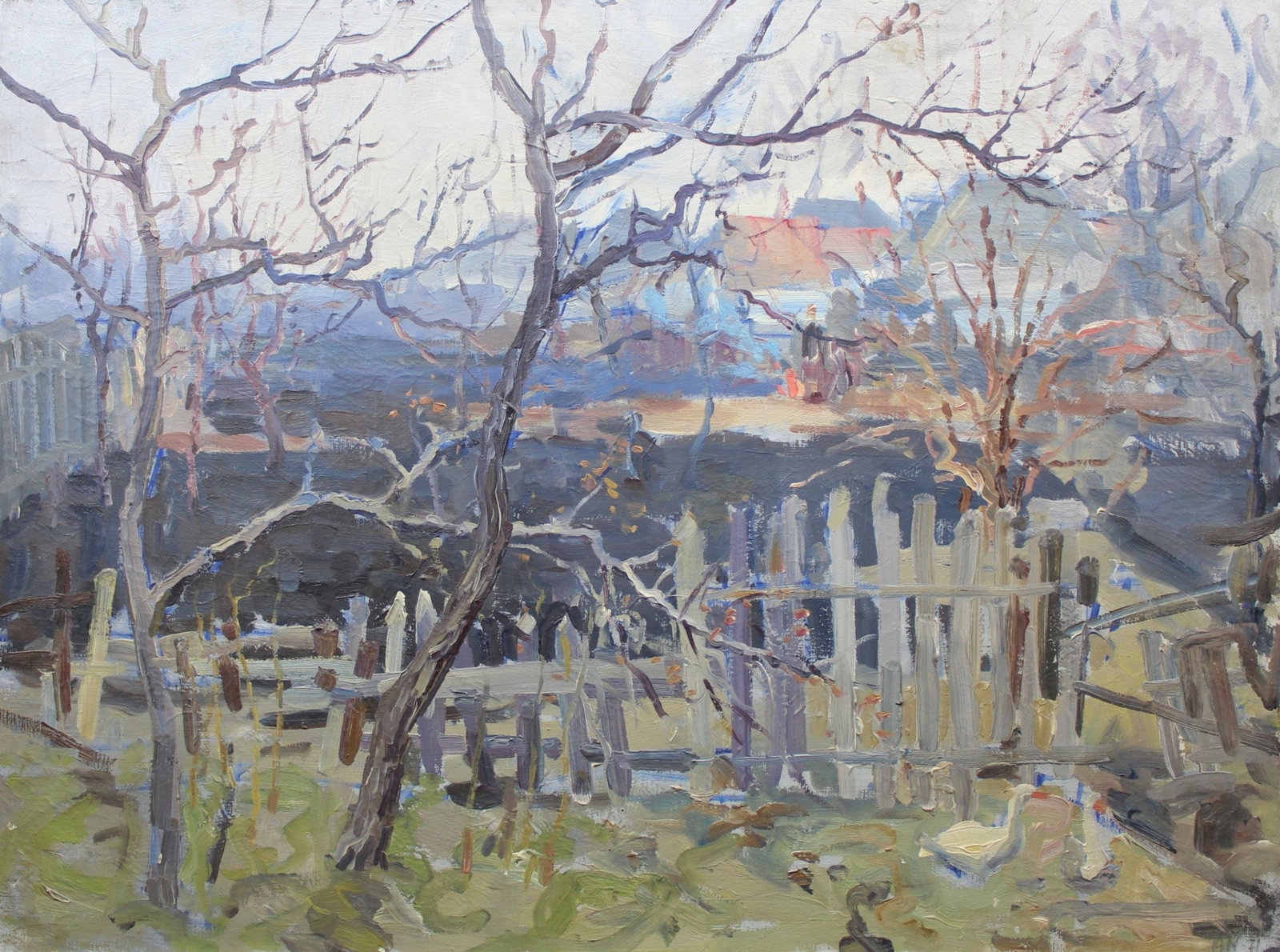 Mishnev Viktor (Ukrainian artist), "Autumn vegetable gardens", oil on canvas: ARTIST: Mishnev Viktor Pavlovich, Ukrainian artist TITLE: "Autumn vegetable gardens" SIZE: 65 x 87 cm, (25 2/4 x 34 1/4 in.) MEDIUM: oil on canvas YEAR OF CREATION: 1971 CONDITION: The painting is in 