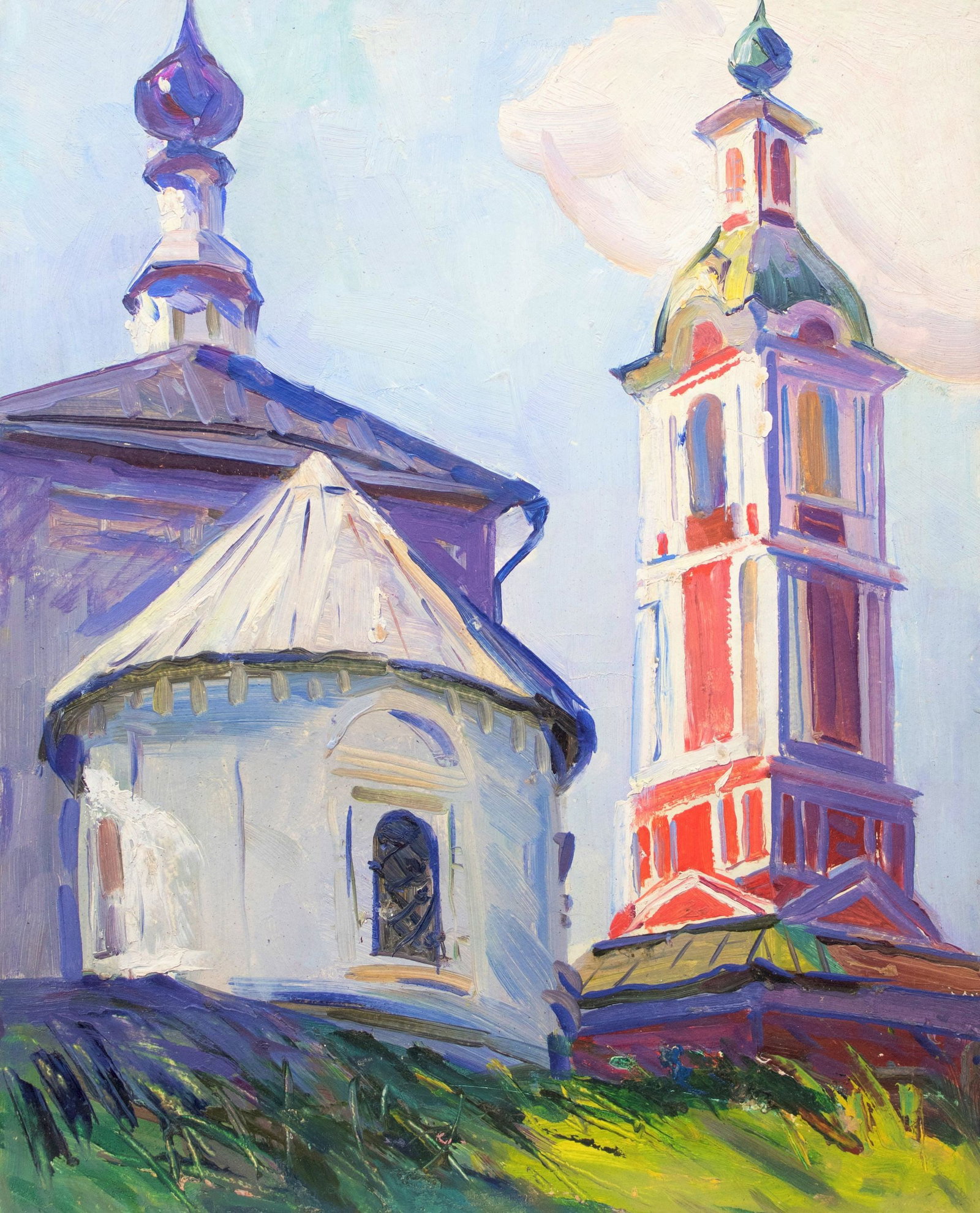 Tyukha Ivan (Ukrainian artist), "Bell tower", oil on cardboard: ARTIST: Tyukha Ivan Andriyovich, Ukrainian artist TITLE: "Bell tower" SIZE: 50 x 40 cm, (19 3/4 x 15 3/4 in.) MEDIUM: oil on cardboard YEAR OF CREATION: not dated CONDITION: The painting is in good