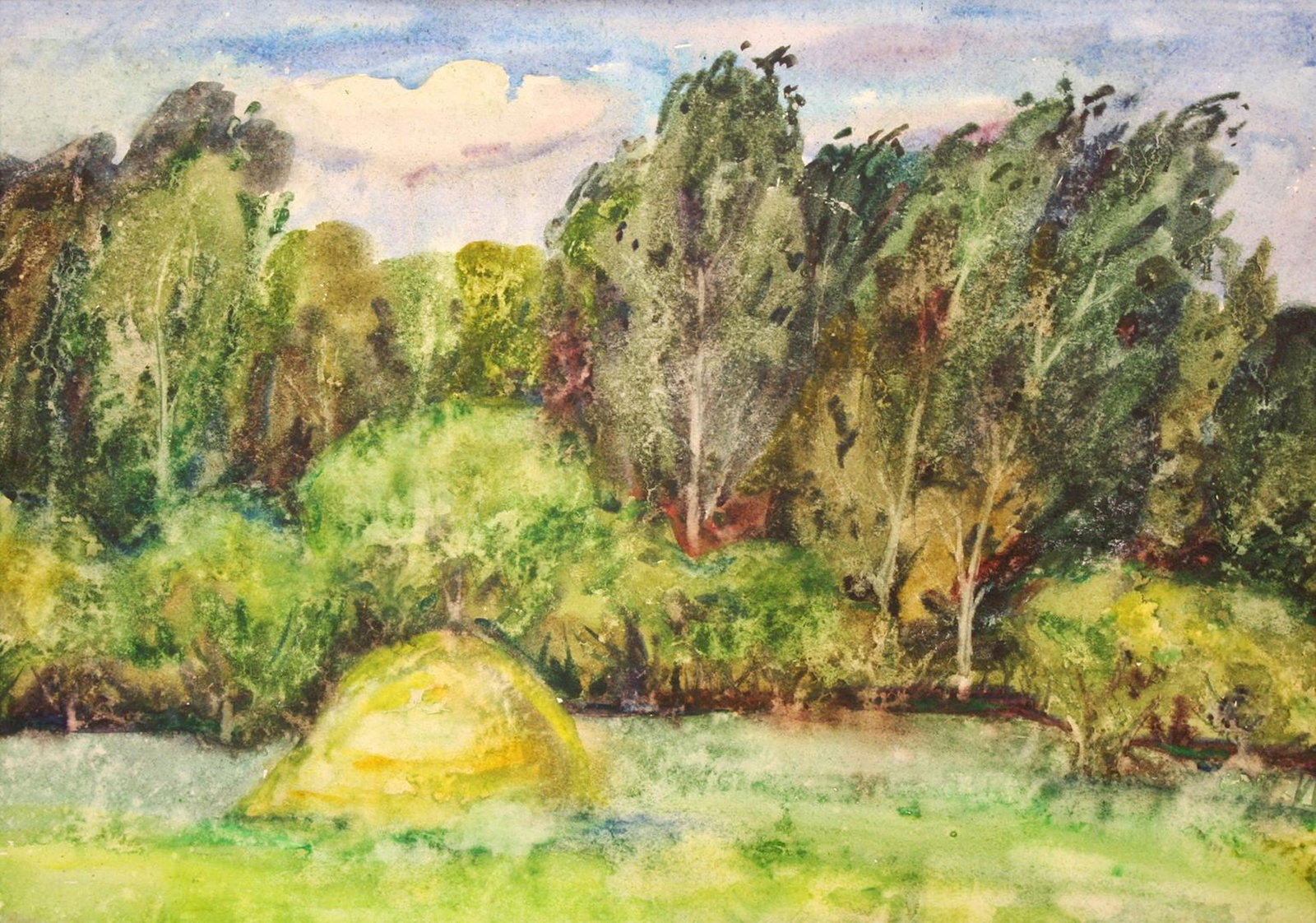 Unidentified (Ukrainian artist), "A hay stack", watercolor on paper: ARTIST: Unidentified Artist TITLE: "A hay stack" SIZE: 39 x 56 cm, (15 1/4 x 22 in.) MEDIUM: watercolor on paper YEAR OF CREATION: not dated CONDITION: The painting is in good vintage condition, as