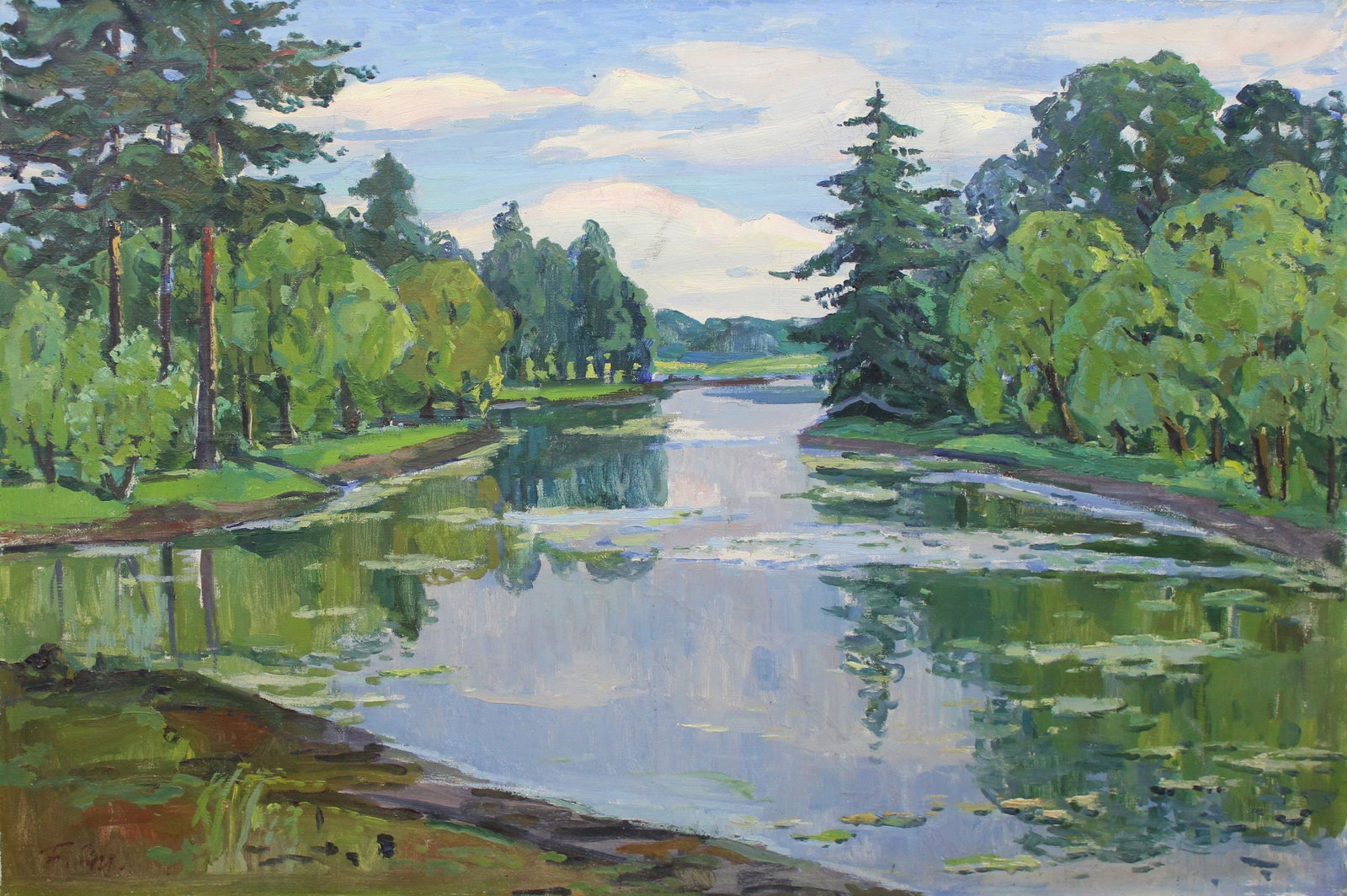 Gerus Boris (Ukrainian artist), "Flood", oil on canvas: ARTIST: Gerus Boris Stepanovich, Ukrainian artist TITLE: "Flood" SIZE: 80 x 120 cm, (31 2/4 x 47 1/4 in.) MEDIUM: oil on canvas YEAR OF CREATION: not dated CONDITION: The painting is in good vintage c