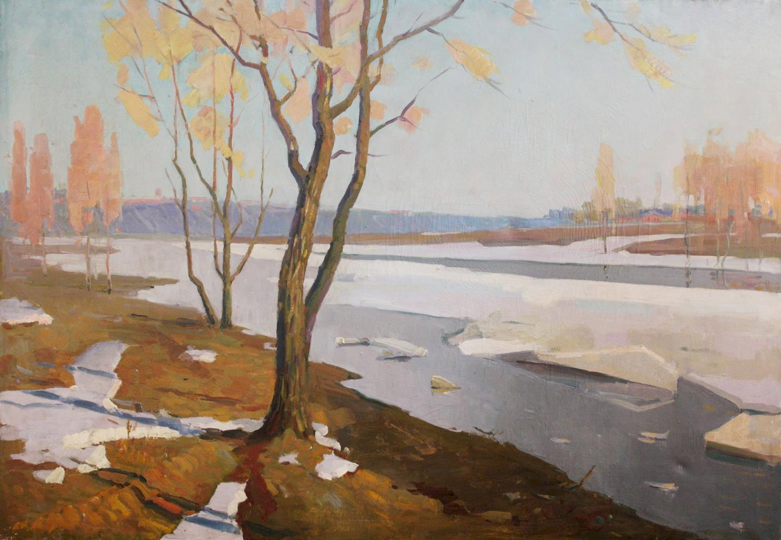 Ryabokon Fedir (Ukrainian artist), "Early spring", oil on canvas: ARTIST: Ryabokon Fedir Yevdokymovich, Ukrainian artist TITLE: "Early spring" SIZE: 90 x 130 cm, (35 2/4 x 51 1/4 in.) MEDIUM: oil on canvas YEAR OF CREATION: not dated CONDITION: The painting is in go