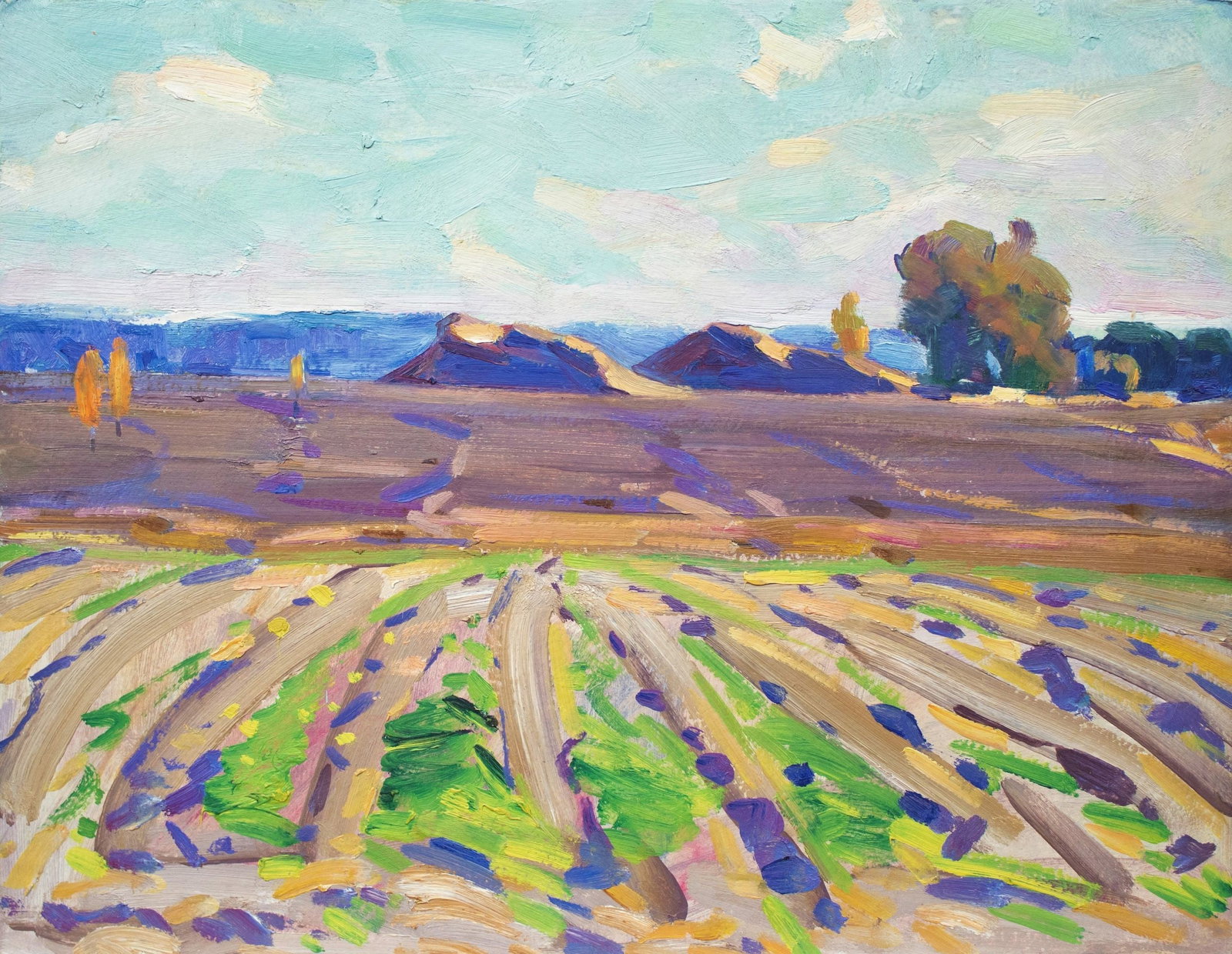 Tyukha Ivan (Ukrainian artist), "Field", oil on cardboard: ARTIST: Tyukha Ivan Andriyovich, Ukrainian artist TITLE: "Field" SIZE: 39 x 50 cm, (15 1/4 x 19 3/4 in.) MEDIUM: oil on cardboard YEAR OF CREATION: not dated CONDITION: The painting is in good vintage