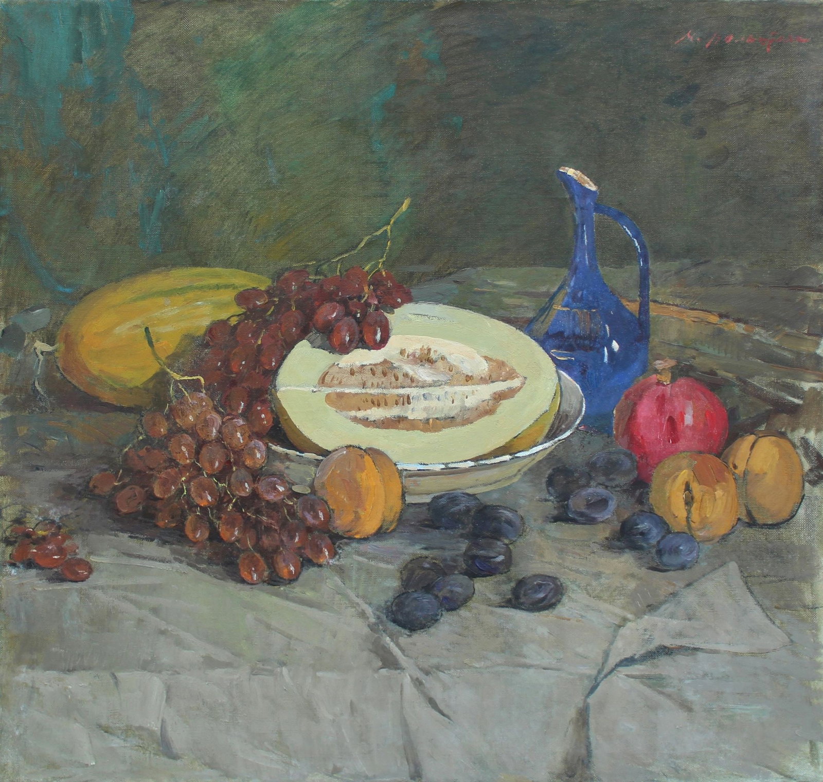 Wolshtein Moses (Ukrainian artist), "Still life with melon", oil on canvas: ARTIST: Wolshtein Moses Lvovich, Ukrainian artist TITLE: "Still life with melon" SIZE: 90 x 90 cm, (35 2/4 x 35 2/4 in.) MEDIUM: oil on canvas YEAR OF CREATION: 1988 CONDITION: The painting is in good