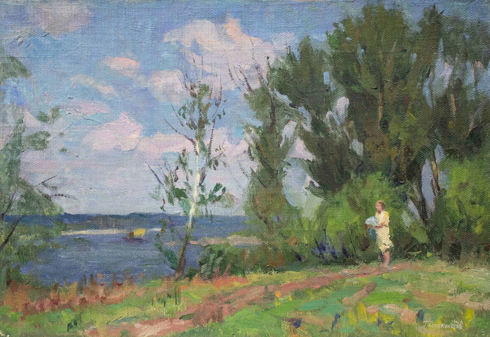 Sorokoletov Gavriil (Ukrainian artist), "On the shore", oil on cardboard: ARTIST: Sorokoletov Gavriil Volodymyrovych, Ukrainian artist TITLE: "On the shore" SIZE: 28 x 40 cm, (11 x 15 3/4 in.) MEDIUM: oil on cardboard YEAR OF CREATION: not dated CONDITION: The painting is