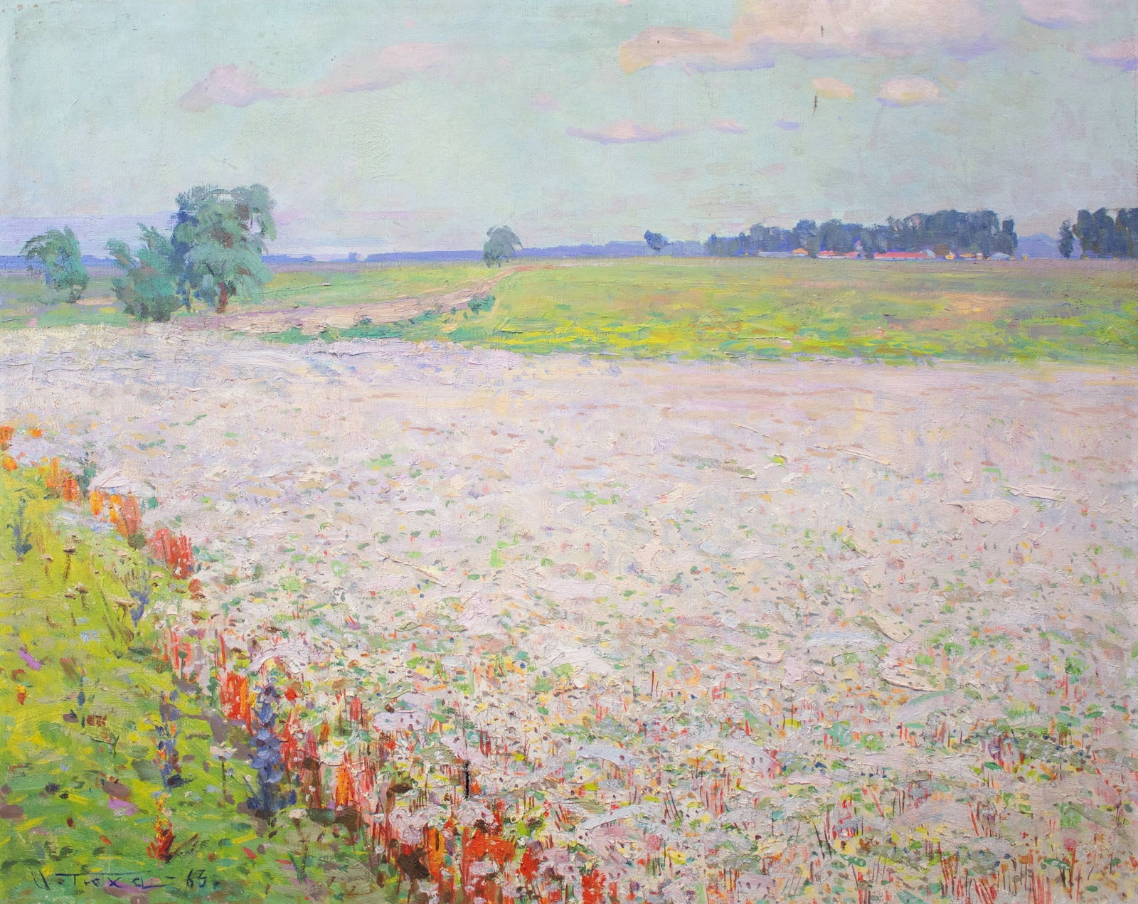 Tyukha Ivan (Ukrainian artist), "Buckwheat blooms", oil on canvas: ARTIST: Tyukha Ivan Andriyovich, Ukrainian artist TITLE: "Buckwheat blooms" SIZE: 80 x 100 cm, (31 2/4 x 39 1/4 in.) MEDIUM: oil on canvas YEAR OF CREATION: 1963 CONDITION: The painting is in good