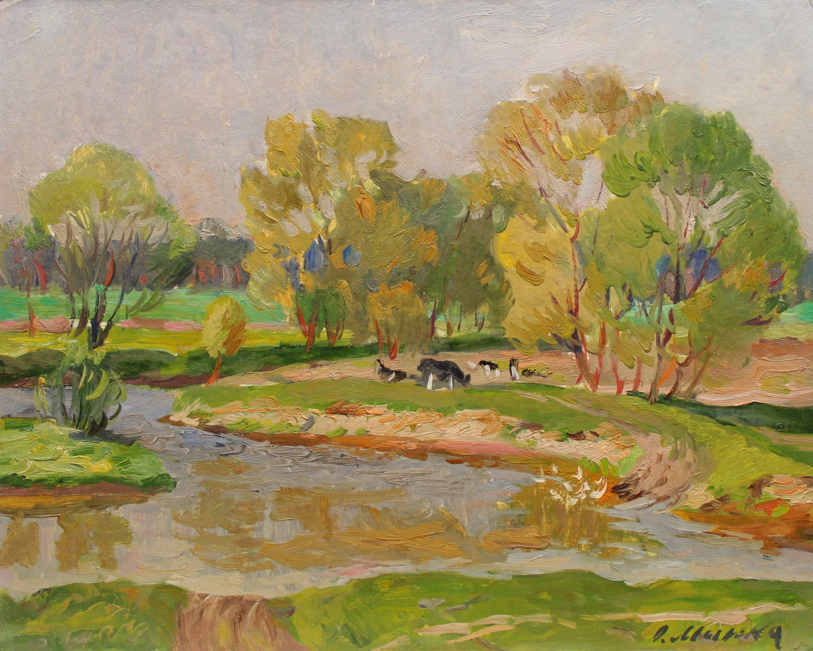 Mynka Olexandr (Ukrainian artist), "At the pasture", oil on cardboard: ARTIST: Mynka Olexandr Fedorovich, Ukrainian artist TITLE: "At the pasture" SIZE: 40 x 50 cm, (15 3/4 x 19 3/4 in.) MEDIUM: oil on cardboard YEAR OF CREATION: 1984 CONDITION: The painting is in good v
