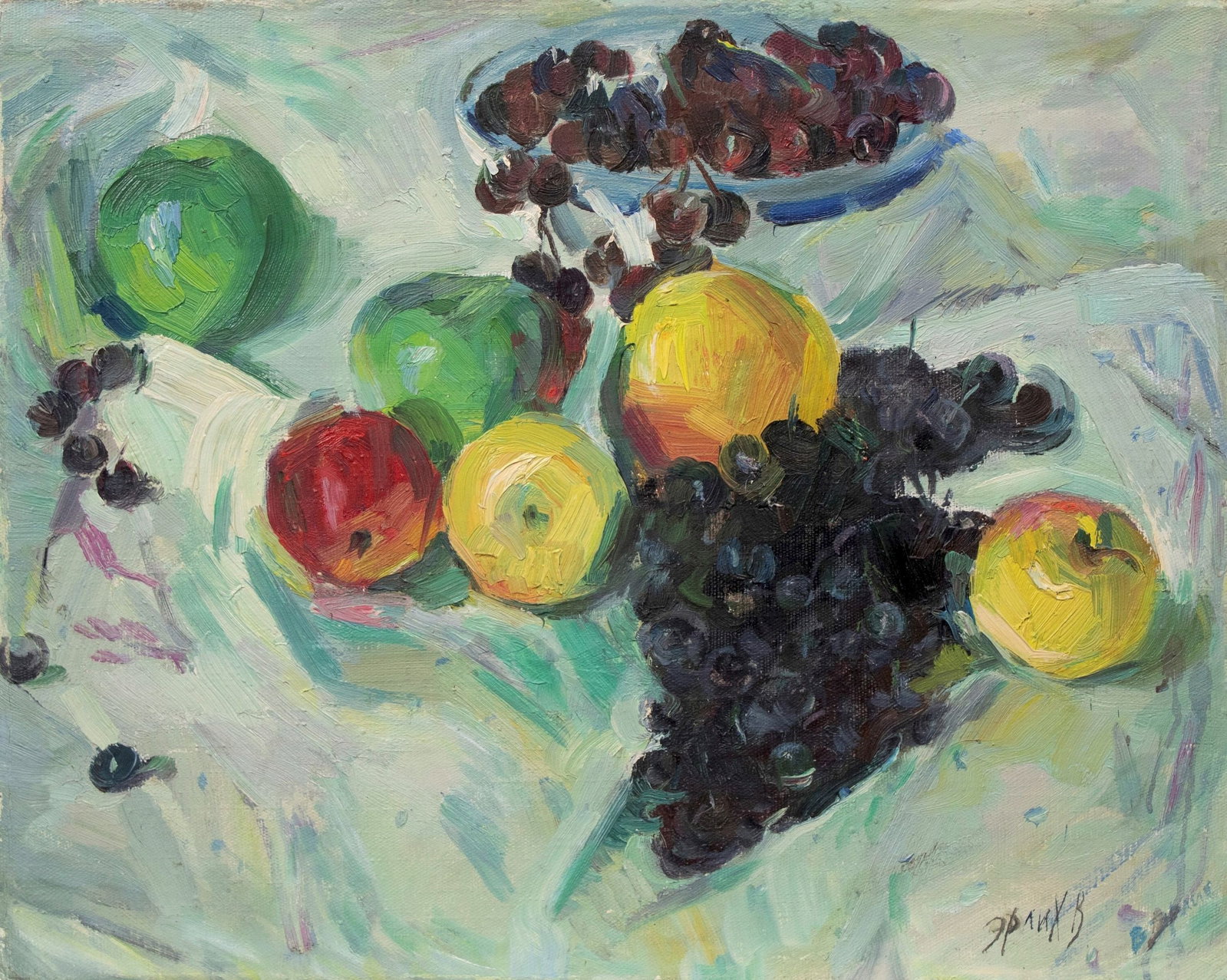 Erlih Volodymyr (Ukrainian artist), "Apples and grapes", oil on canvas on cardboard: ARTIST: Erlih Volodymyr Isaakovich, Ukrainian artist TITLE: "Apples and grapes" SIZE: 40 x 50 cm, (15 3/4 x 19 3/4 in.) MEDIUM: oil on canvas on cardboard YEAR OF CREATION: 1956 CONDITION: The paintin