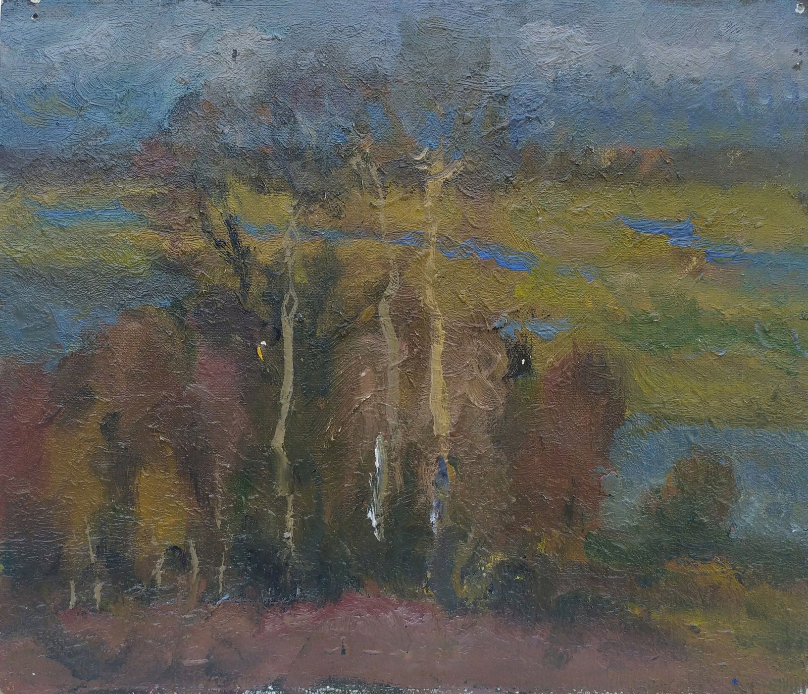 Mynka Olexandr (Ukrainian artist), "Autumn", oil on cardboard: ARTIST: Mynka Olexandr Fedorovich, Ukrainian artist TITLE: "Autumn" SIZE: 22 x 26 cm, (8 3/4 x 10 1/4 in.) MEDIUM: oil on cardboard YEAR OF CREATION: not dated CONDITION: The painting is in good