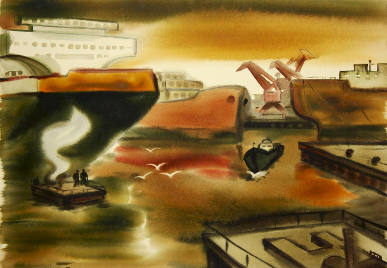 Kirilkov Valentin (Ukrainian artist), "Repair vessel", watercolor on paper: ARTIST: Kirilkov Valentin Feodosievich, Ukrainian artist TITLE: "Repair vessel" SIZE: 56 x 80 cm, (22 x 31 2/4 in.) MEDIUM: watercolor on paper YEAR OF CREATION: not dated CONDITION: The painting is i