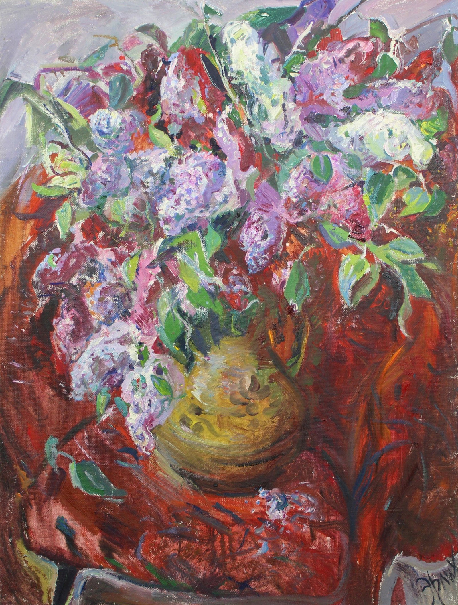 Erlih Volodymyr (Ukrainian artist), "Still life. Lilac", oil on canvas: ARTIST: Erlih Volodymyr Isaakovich, Ukrainian artist TITLE: "Still life. Lilac" SIZE: 100 x 85 cm, (39 1/4 x 33 2/4 in.) MEDIUM: oil on canvas YEAR OF CREATION: not dated CONDITION: The painting is in