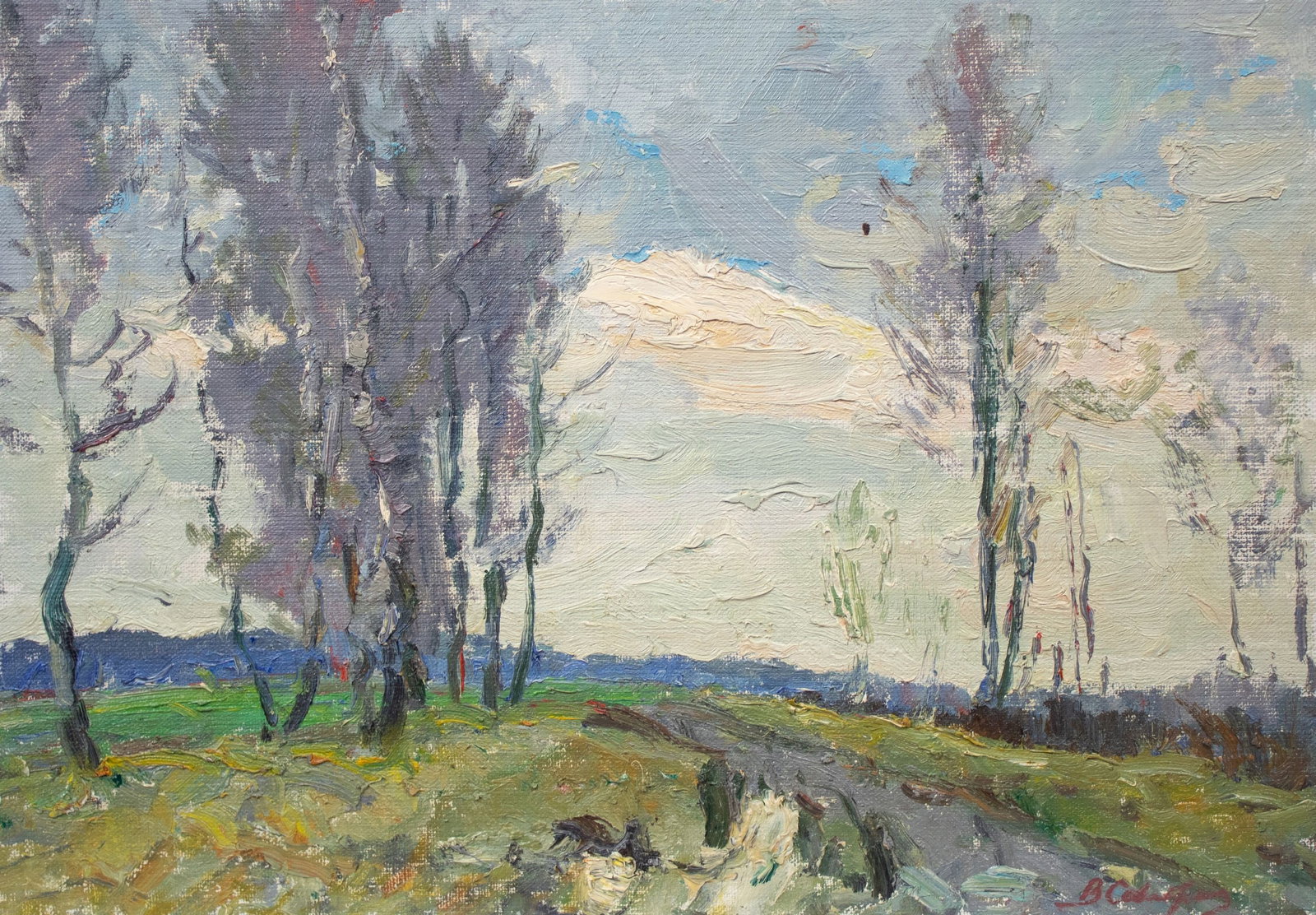 Sevastyanov Victor (Ukrainian artist), "Gray day", oil on canvas on cardboard: ARTIST: Sevastyanov Victor Grigorovich, Ukrainian artist TITLE: "Gray day" SIZE: 35 x 50 cm, (13 3/4 x 19 3/4 in.) MEDIUM: oil on canvas on cardboard YEAR OF CREATION: not dated CONDITION: The paintin