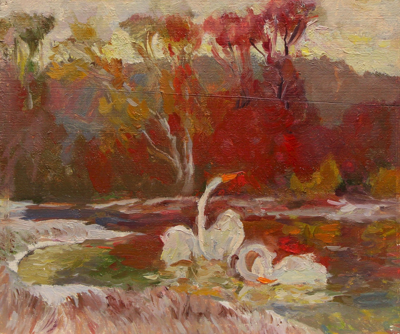 Mynka Olexandr (Ukrainian artist), "Swan fidelity", oil on cardboard: ARTIST: Mynka Olexandr Fedorovich, Ukrainian artist TITLE: "Swan fidelity" SIZE: 30 x 40 cm, (11 3/4 x 15 3/4 in.) MEDIUM: oil on cardboard YEAR OF CREATION: not dated CONDITION: The painting is in