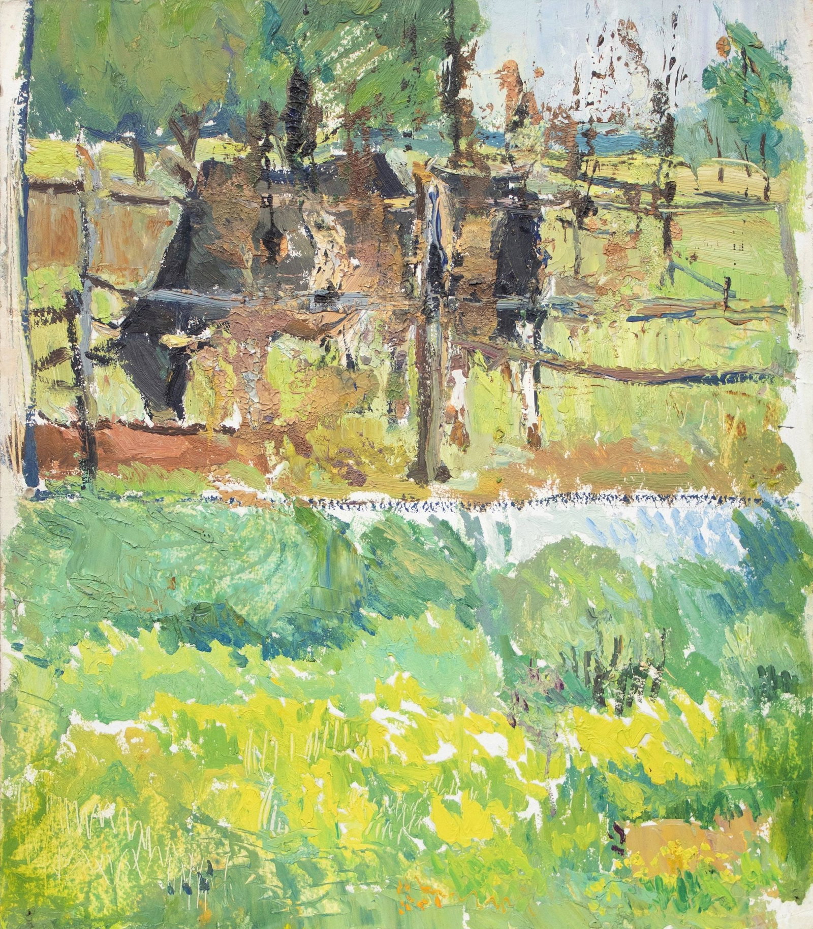 Tyukha Ivan (Ukrainian artist), "Cow behind the fence", oil on cardboard: ARTIST: Tyukha Ivan Andriyovich, Ukrainian artist TITLE: "Cow behind the fence" SIZE: 40 x 35 cm, (15 3/4 x 13 3/4 in.) MEDIUM: oil on cardboard YEAR OF CREATION: not dated CONDITION: The painting is 