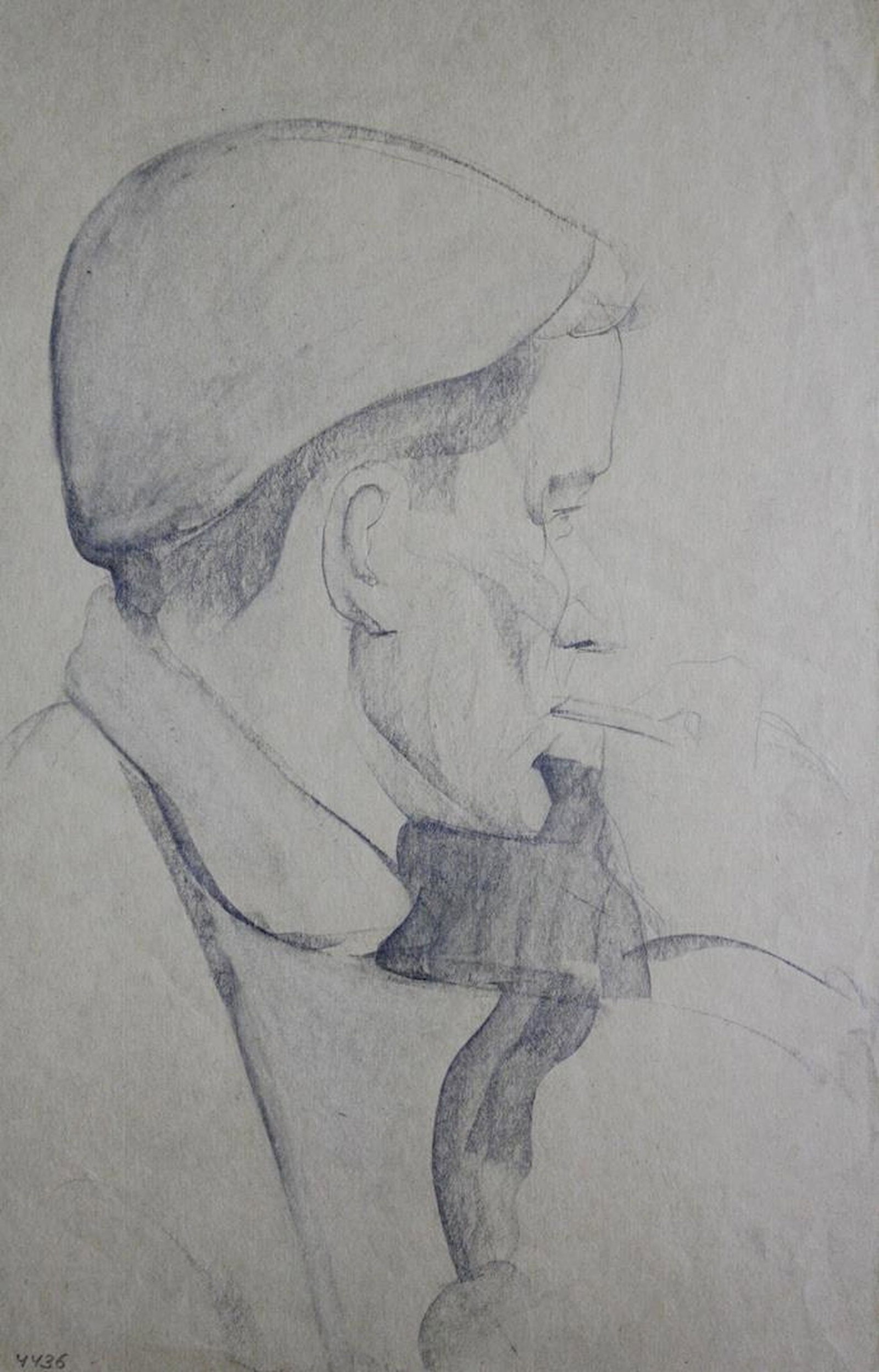 Mynka Olexandr (Ukrainian artist), "A person who smokes", pencil on paper: ARTIST: Mynka Olexandr Fedorovich, Ukrainian artist TITLE: "A person who smokes" SIZE: 45 x 29 cm, (17 3/4 x 11 2/4 in.) MEDIUM: pencil on paper YEAR OF CREATION: not dated CONDITION: The painting is 