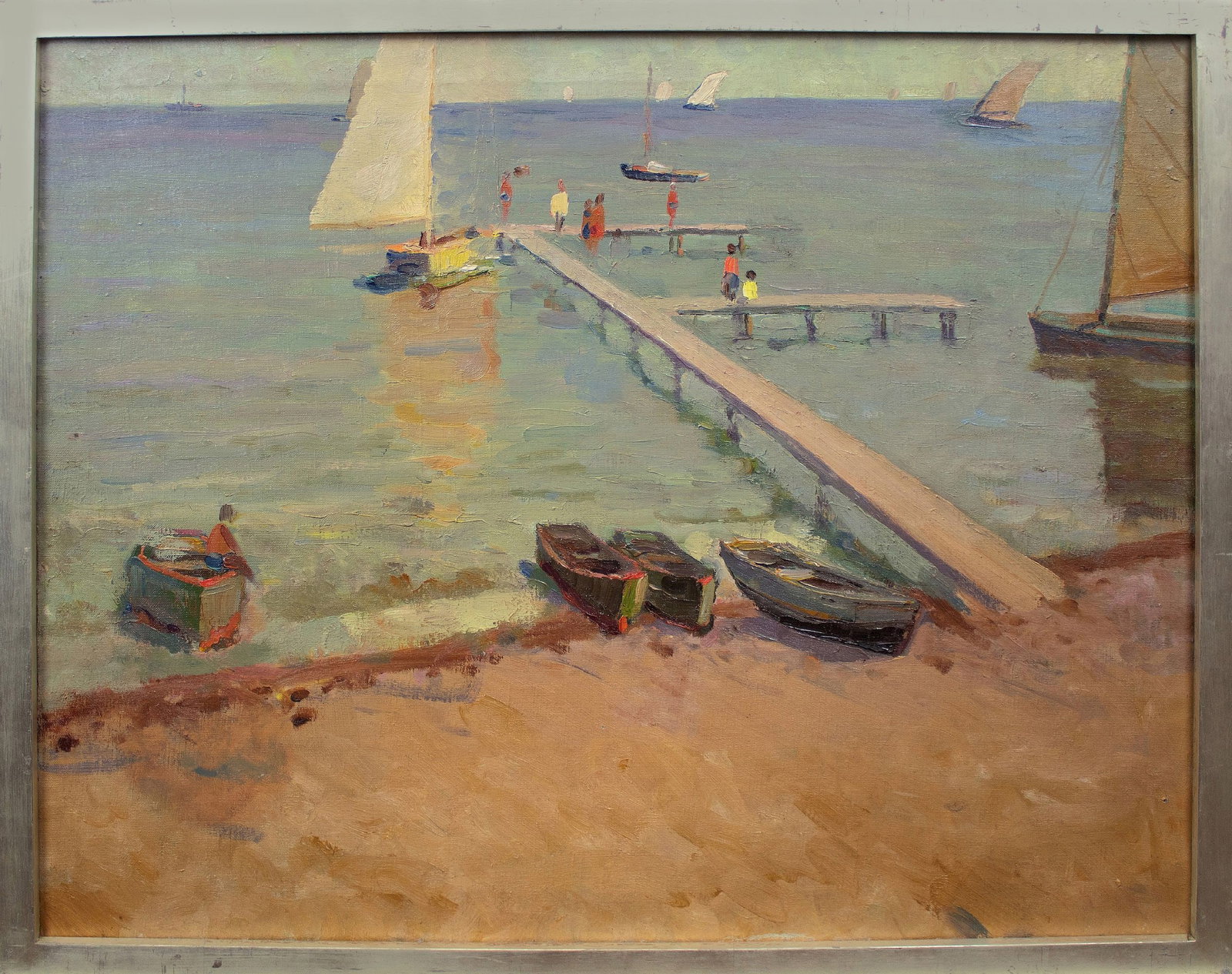 Pryshedko Hryhoriy (Ukrainian artist), "At the pier", oil on canvas: ARTIST: Pryshedko Hryhoriy Dmytrovych, Ukrainian artist TITLE: "At the pier" SIZE: 70 x 90 cm, (27 2/4 x 35 2/4 in.) MEDIUM: oil on canvas YEAR OF CREATION: 1961 CONDITION: The painting is in good vin