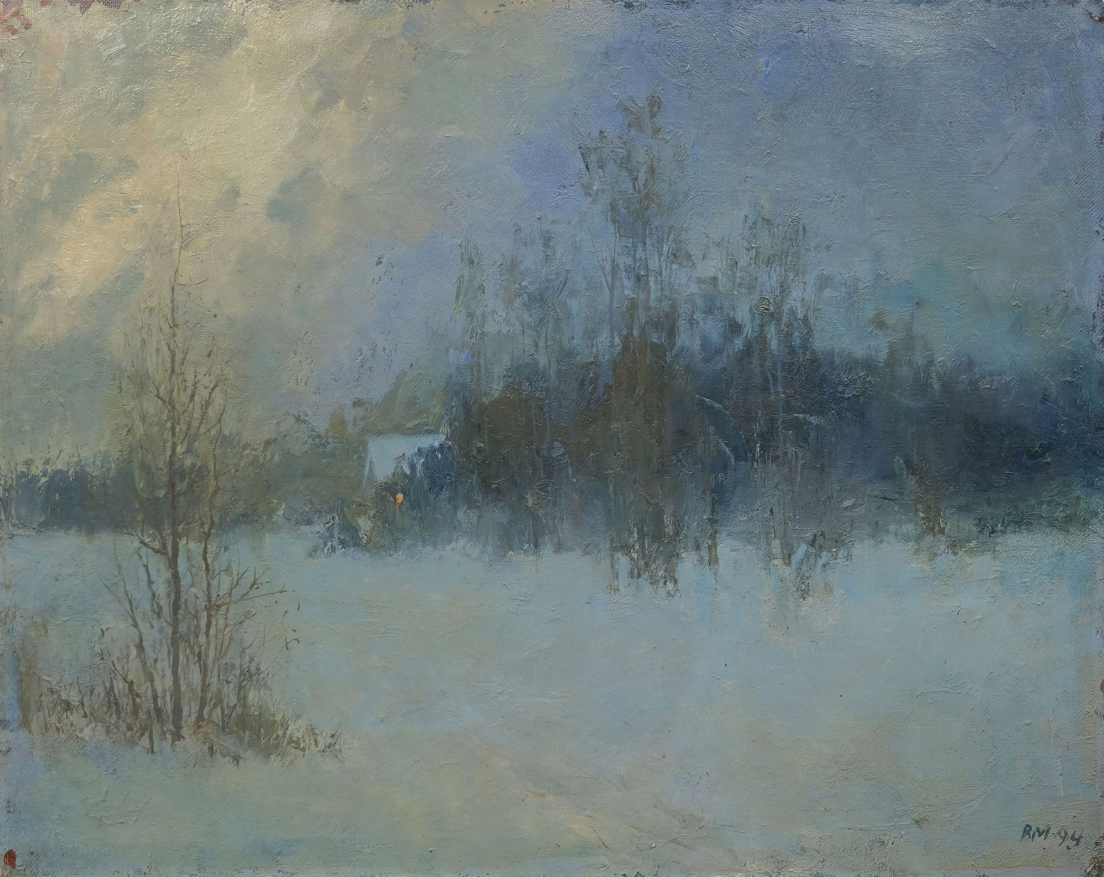 Mishnev Viktor (Ukrainian artist), "Winter Cold", oil on canvas: ARTIST: Mishnev Viktor Pavlovich, Ukrainian artist TITLE: "Winter Cold" SIZE: 52 x 66 cm, (20 1/2 x 26 in.) MEDIUM: oil on canvas YEAR OF CREATION: 1994 CONDITION: The painting is in good vintage cond