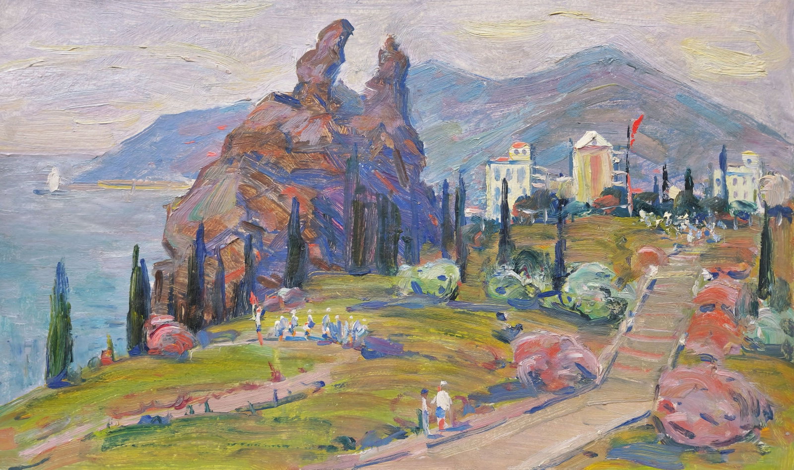 Tyukha Ivan (Ukrainian artist), "Artek", oil on cardboard: ARTIST: Tyukha Ivan Andriyovich, Ukrainian artist TITLE: "Artek" SIZE: 30 x 50 cm, (11 3/4 x 19 3/4 in.) MEDIUM: oil on cardboard YEAR OF CREATION: not dated CONDITION: The painting is in good vintage