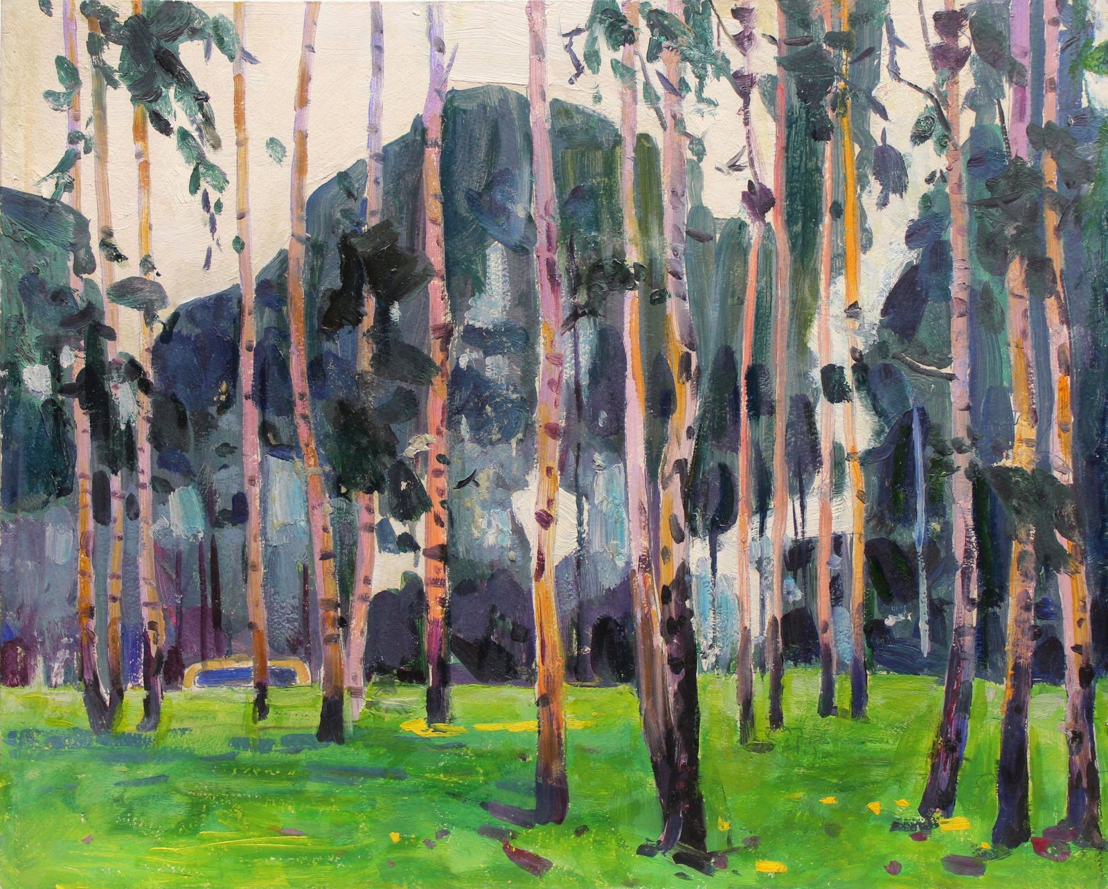 Tyukha Ivan (Ukrainian artist), "Birch grove", oil on cardboard: ARTIST: Tyukha Ivan Andriyovich, Ukrainian artist TITLE: "Birch grove" SIZE: 40 x 50 cm, (15 3/4 x 19 3/4 in.) MEDIUM: oil on cardboard YEAR OF CREATION: not dated CONDITION: The painting is in good