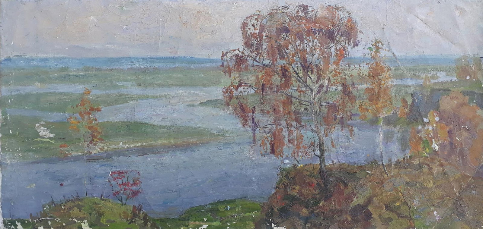 Unidentified (Ukrainian artist), "Lonely birch", oil on canvas: ARTIST: Unidentified Artist TITLE: "Lonely birch" SIZE: 50 x 105 cm, (19 3/4 x 41 1/4 in.) MEDIUM: oil on canvas YEAR OF CREATION: not dated CONDITION: The painting is in good vintage condition, as sh