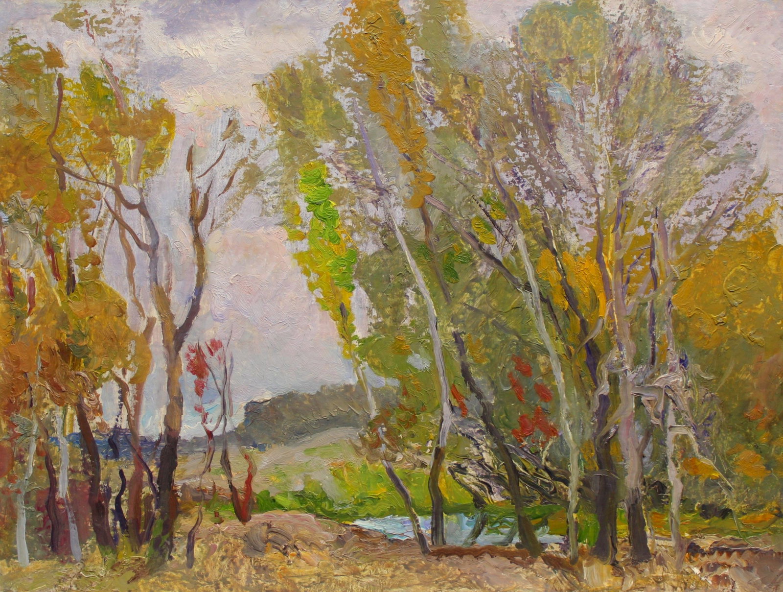 Mynka Olexandr (Ukrainian artist), "Autumn", oil on cardboard: ARTIST: Mynka Olexandr Fedorovich, Ukrainian artist TITLE: "Autumn" SIZE: 40 x 50 cm, (15 3/4 x 19 3/4 in.) MEDIUM: oil on cardboard YEAR OF CREATION: not dated CONDITION: The painting is in good vint