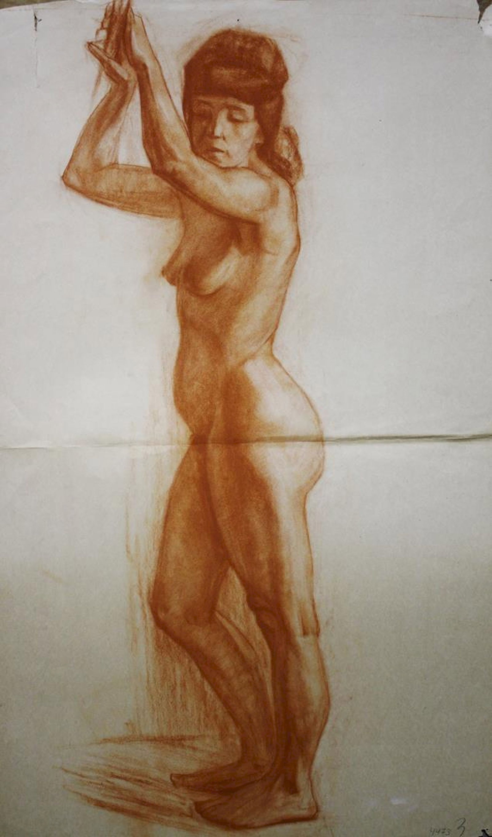 Mynka Olexandr (Ukrainian artist), "Figure", sanguine on paper: ARTIST: Mynka Olexandr Fedorovich, Ukrainian artist TITLE: "Figure" SIZE: 10 x 6 cm, (4 x 2 1/4 in.) MEDIUM: sanguine on paper YEAR OF CREATION: not dated CONDITION: The painting is in good vintage