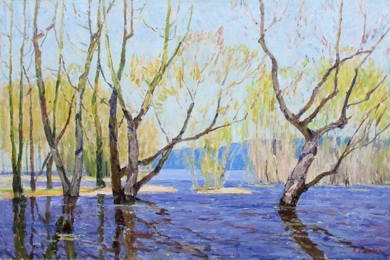 Chegodar Vasyl (Ukrainian artist), "Spring flood", oil on canvas: ARTIST: Chegodar Vasyl Dmitrovich, Ukrainian artist TITLE: "Spring flood" SIZE: 80 x 120 cm, (31 2/4 x 47 1/4 in.) MEDIUM: oil on canvas YEAR OF CREATION: not dated CONDITION: The painting is in good 