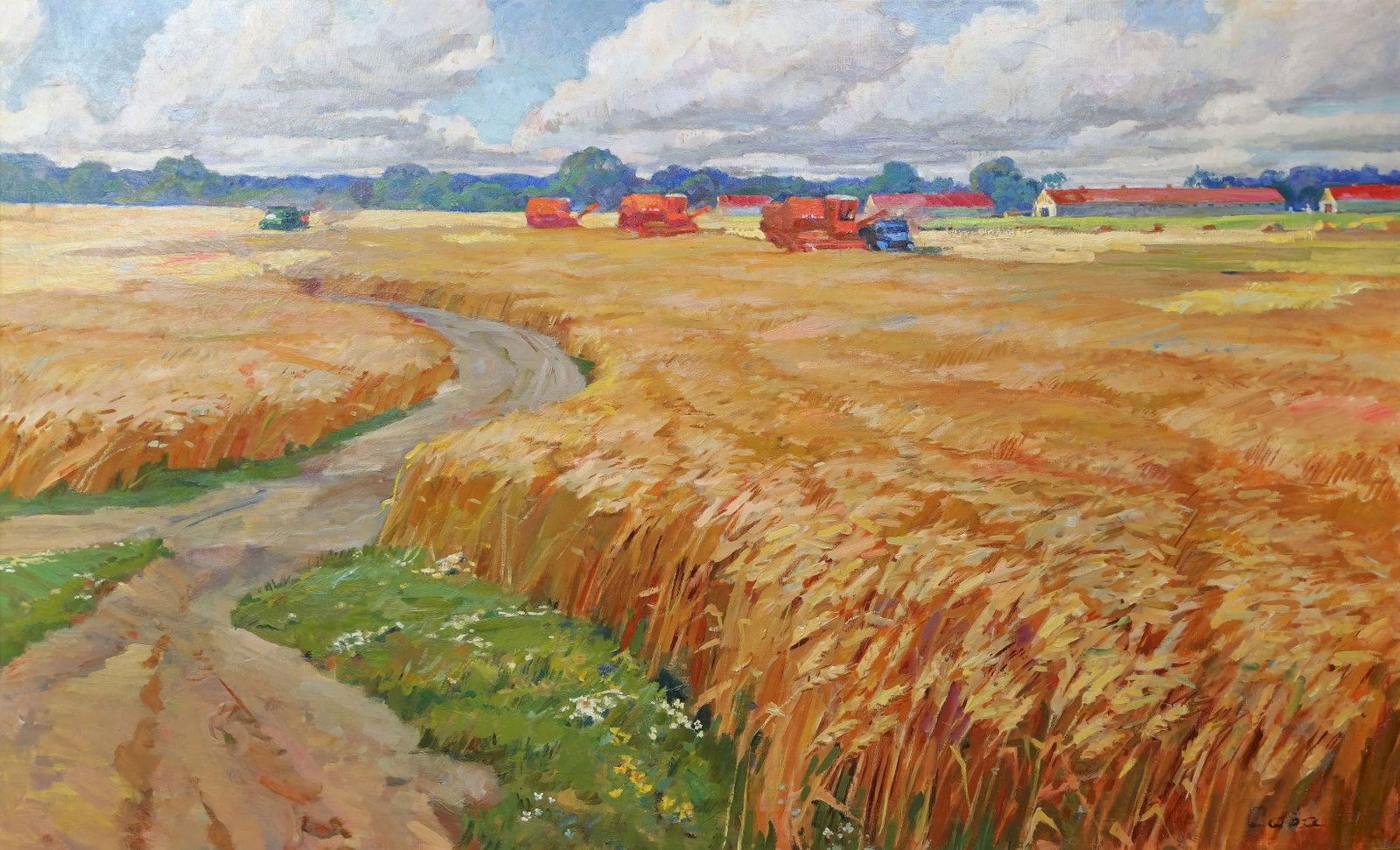 Sova Dmitry (Ukrainian artist), "Harvesting", oil on canvas: ARTIST: Sova Dmitry Georgievich, Ukrainian artist TITLE: "Harvesting" SIZE: 108 x 174 cm, (42 2/4 x 68 2/4 in.) MEDIUM: oil on canvas YEAR OF CREATION: not dated CONDITION: The painting is in good vin