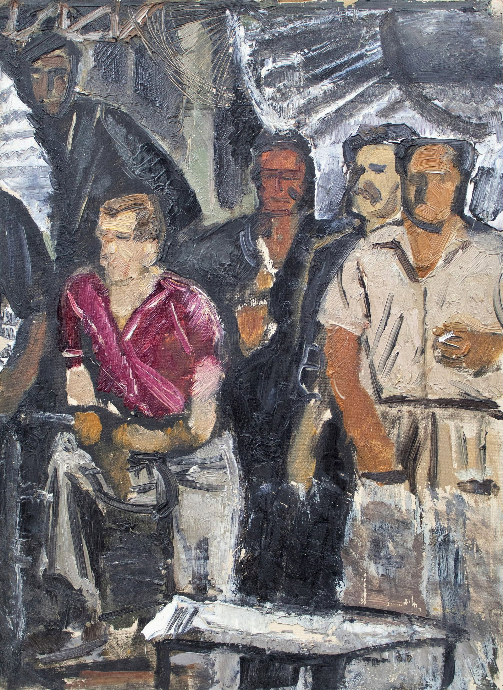 Bogdanov Vadim (Ukrainian artist), "Workers from the factory", oil on cardboard: ARTIST: Bogdanov Vadim Viktorovich, Ukrainian artist TITLE: "Workers from the factory" SIZE: 48 x 35 cm, (19 x 13 3/4 in.) MEDIUM: oil on cardboard YEAR OF CREATION: not dated CONDITION: The painting 