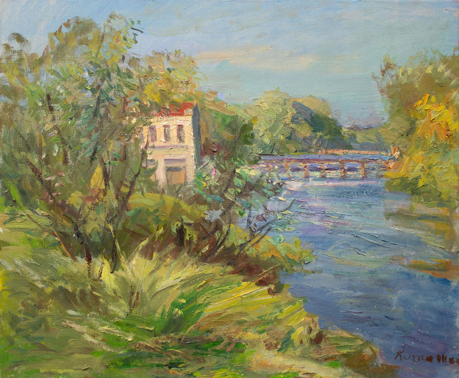 Kogan-Shatz Matviy (Ukrainian artist), "House by the river", oil on canvas: ARTIST: Kogan-Shatz Matviy Borisovich, Ukrainian artist TITLE: "House by the river" SIZE: 50 x 60 cm, (19 3/4 x 23 2/4 in.) MEDIUM: oil on canvas YEAR OF CREATION: not dated CONDITION: The painting is