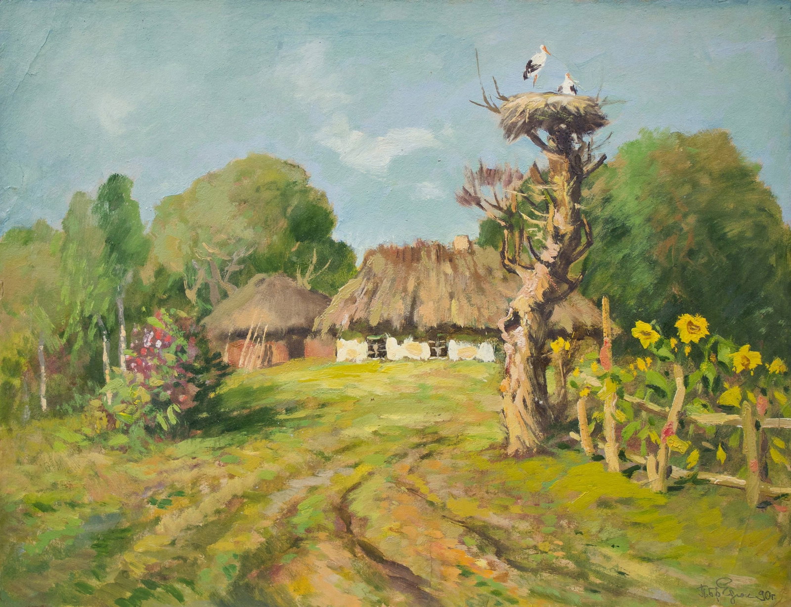 Bredyuk Pavel (Ukrainian artist), "Stork's nest", oil on cardboard: ARTIST: Bredyuk Pavel Fedoseyevich, Ukrainian artist TITLE: "Stork's nest" SIZE: 45 x 58 cm, (17 3/4 x 22 3/4 in.) MEDIUM: oil on cardboard YEAR OF CREATION: not dated CONDITION: The painting is in