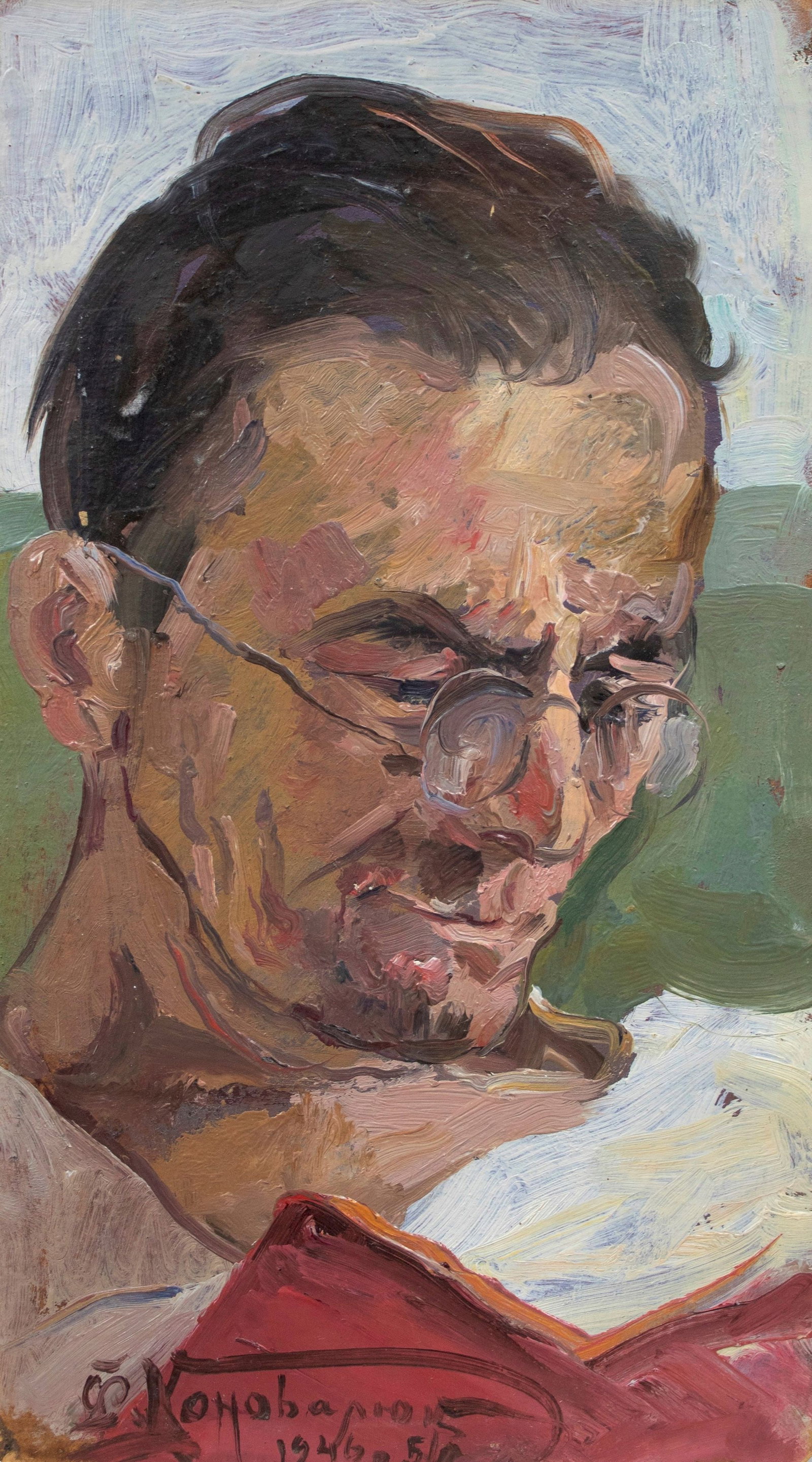 Konovalyuk Fedir (Ukrainian artist), "The ulcer patient", oil on cardboard: ARTIST: Konovalyuk Fedir Zotikovich, Ukrainian artist TITLE: "The ulcer patient" SIZE: 30 x 17 cm, (11 3/4 x 6 3/4 in.) MEDIUM: oil on cardboard YEAR OF CREATION: 1946 CONDITION: The painting is in go