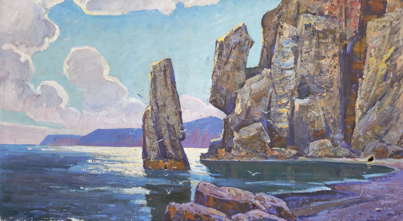 Tyukha Ivan (Ukrainian artist), "Rocks on the seashore", oil on canvas: ARTIST: Tyukha Ivan Andriyovich, Ukrainian artist TITLE: "Rocks on the seashore" SIZE: 100 x 180 cm, (39 1/4 x 70 3/4 in.) MEDIUM: oil on canvas YEAR OF CREATION: not dated CONDITION: The painting is 