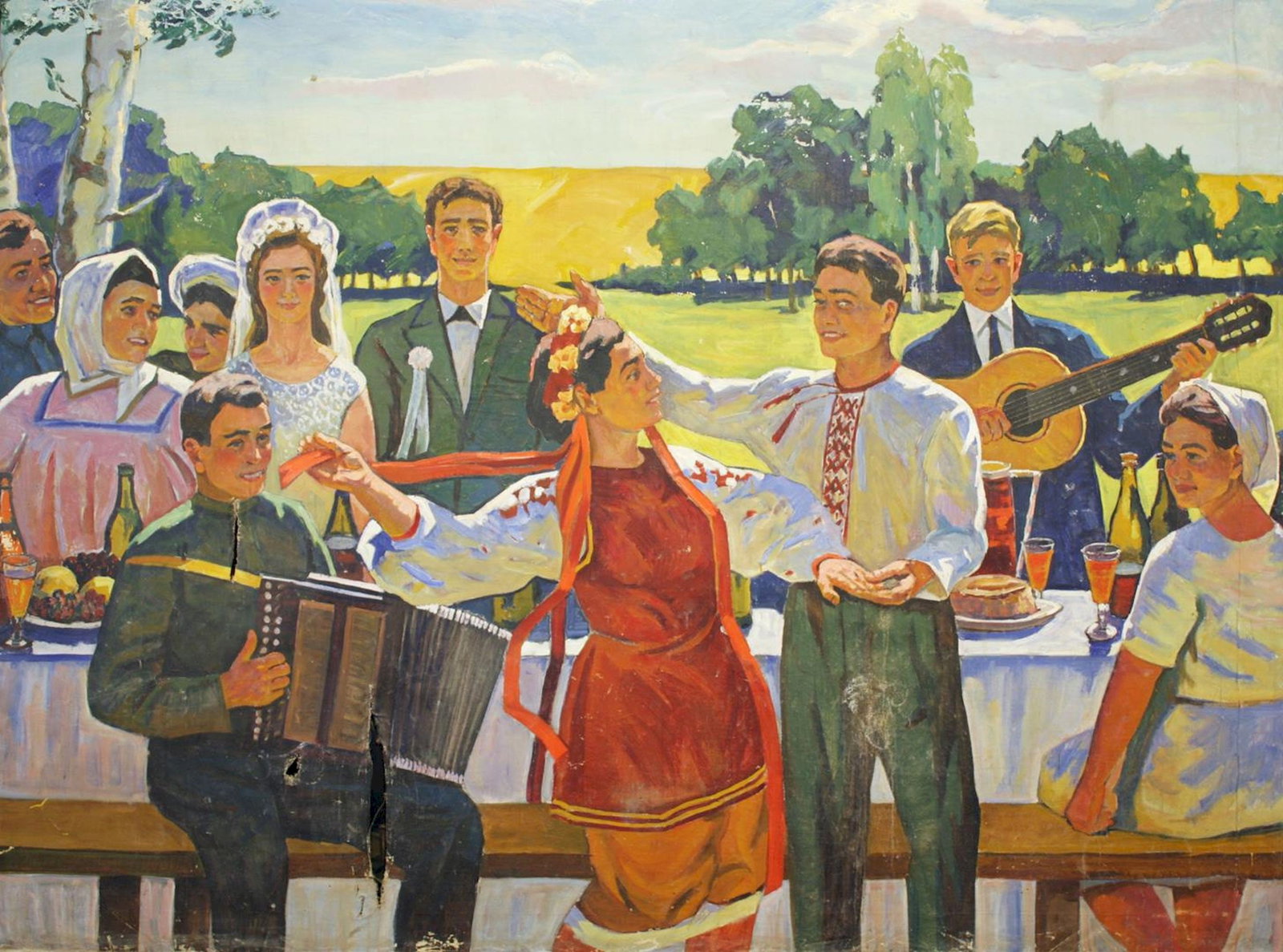 Unidentified (Ukrainian artist), "Ukrainian wedding", oil on canvas: ARTIST: Unidentified Artist TITLE: "Ukrainian wedding" SIZE: 158 x 212 cm, (62 1/4 x 83 2/4 in.) MEDIUM: oil on canvas YEAR OF CREATION: 1940 CONDITION: The painting is in good vintage condition, as s