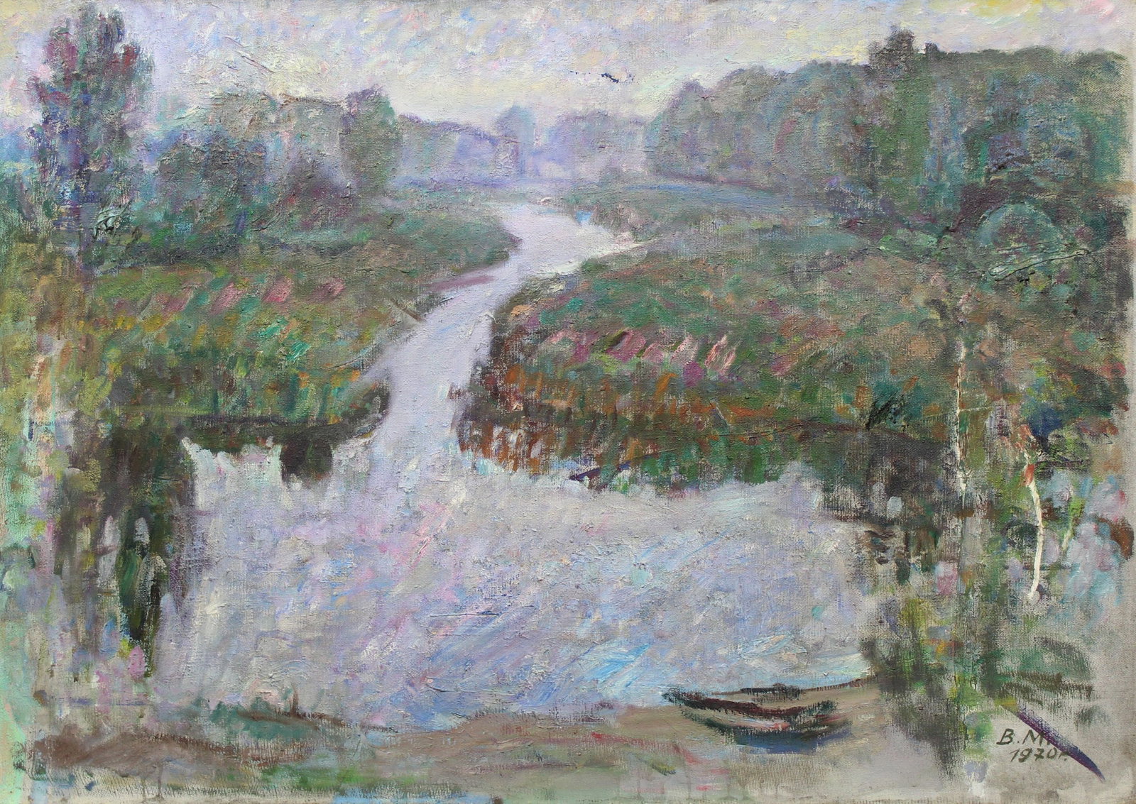 Makatukha Vasyl (Ukrainian artist), "The boat in water", oil on canvas: ARTIST: Makatukha Vasyl Ivanovich, Ukrainian artist TITLE: "The boat in water" SIZE: 70 x 100 cm, (27 2/4 x 39 1/4 in.) MEDIUM: oil on canvas YEAR OF CREATION: 1970 CONDITION: The painting is in good 